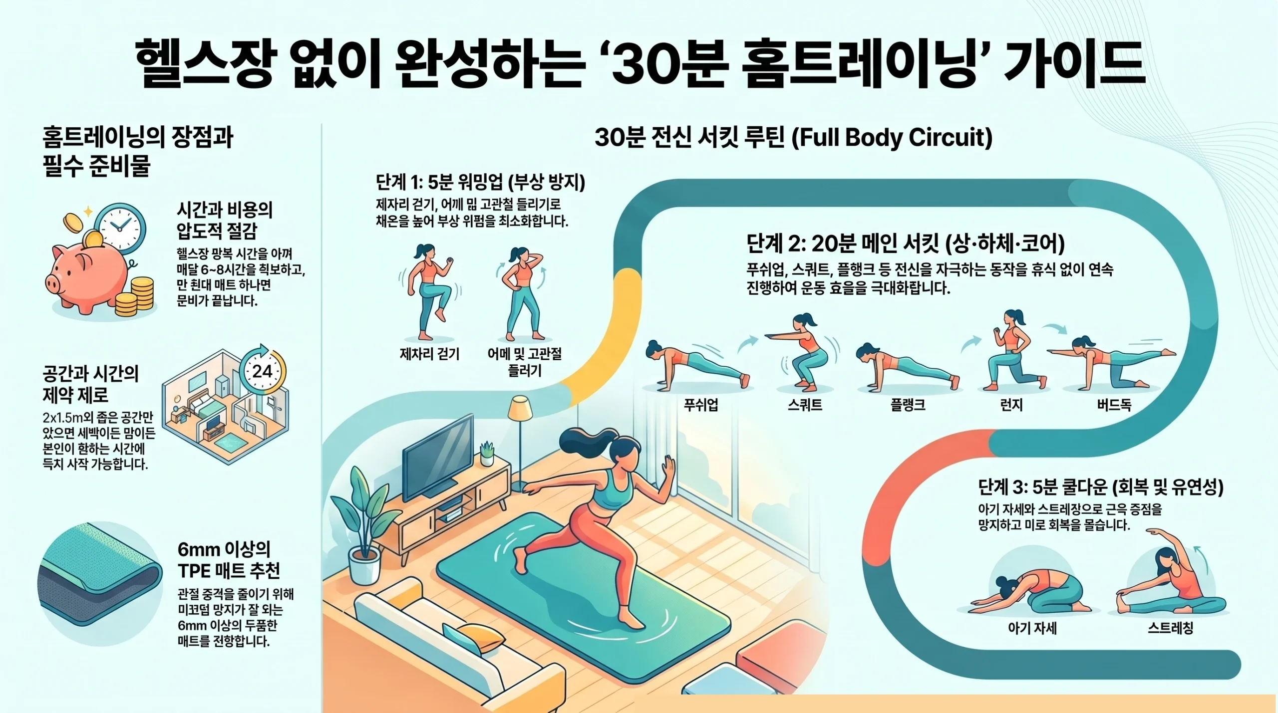홈트레이닝 완벽 가이드 2026 — 덤벨 없이 30분 전신 운동 루틴 종합 인포그래픽