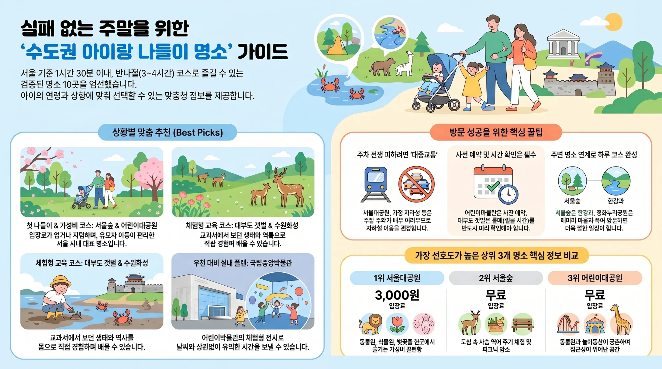 수도권 가족 나들이 명소 TOP 10 — 2026 봄 나들이 입장료·추천 연령·특징 종합 인포그래픽