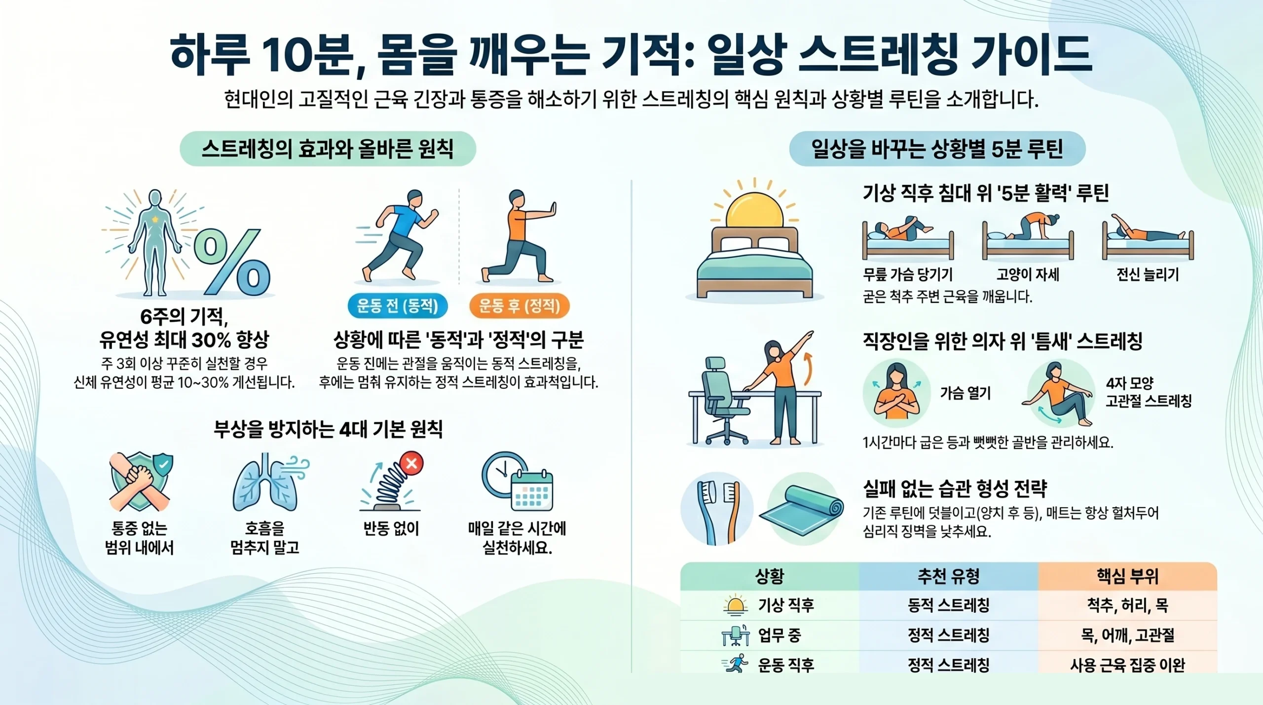 스트레칭 완벽 가이드 — 하루 10분 전신 유연성 루틴 종합 인포그래픽