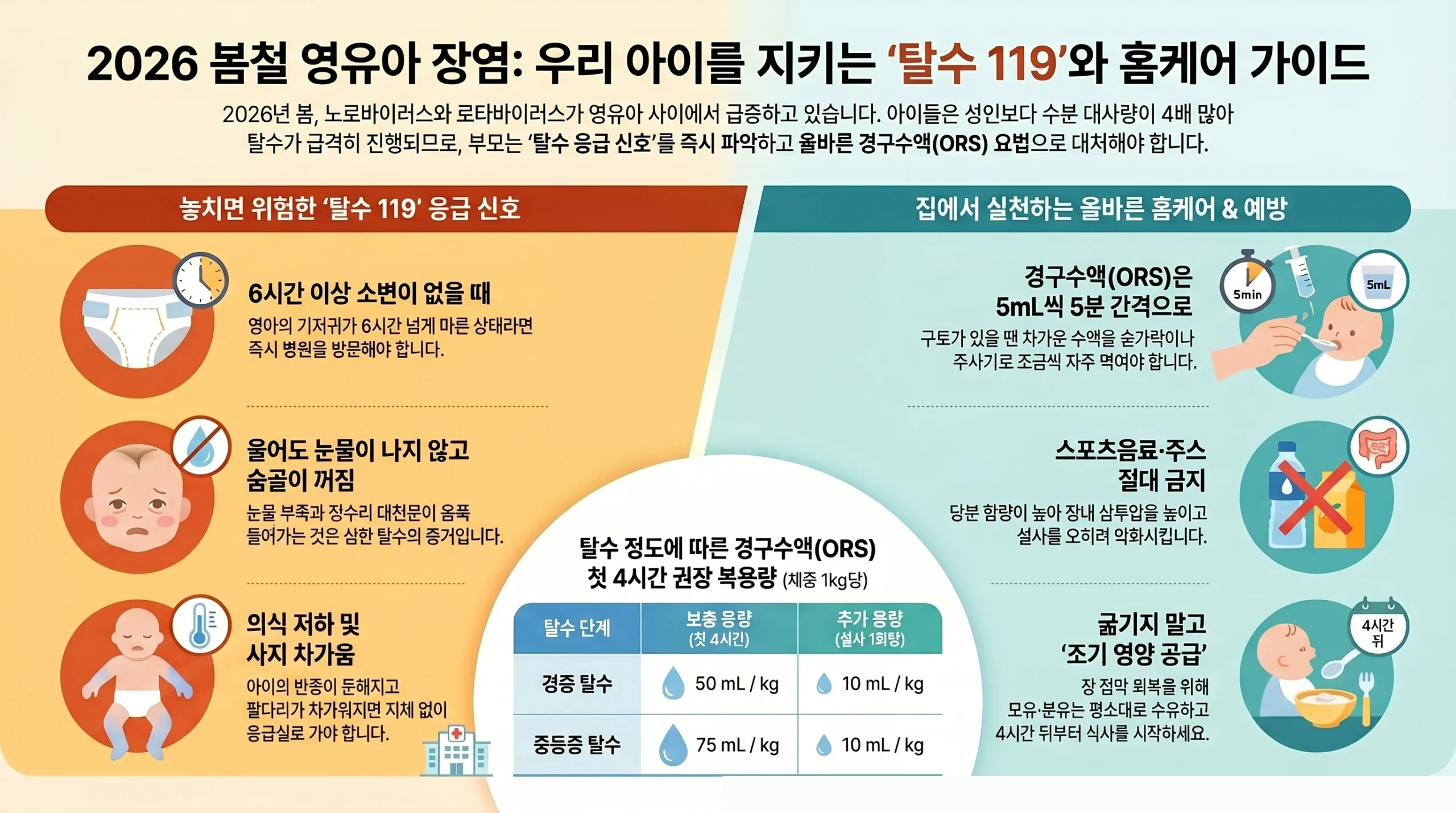 영유아 장염 대처법 — 탈수 예방 ORS 복용법 식이요법 종합 인포그래픽