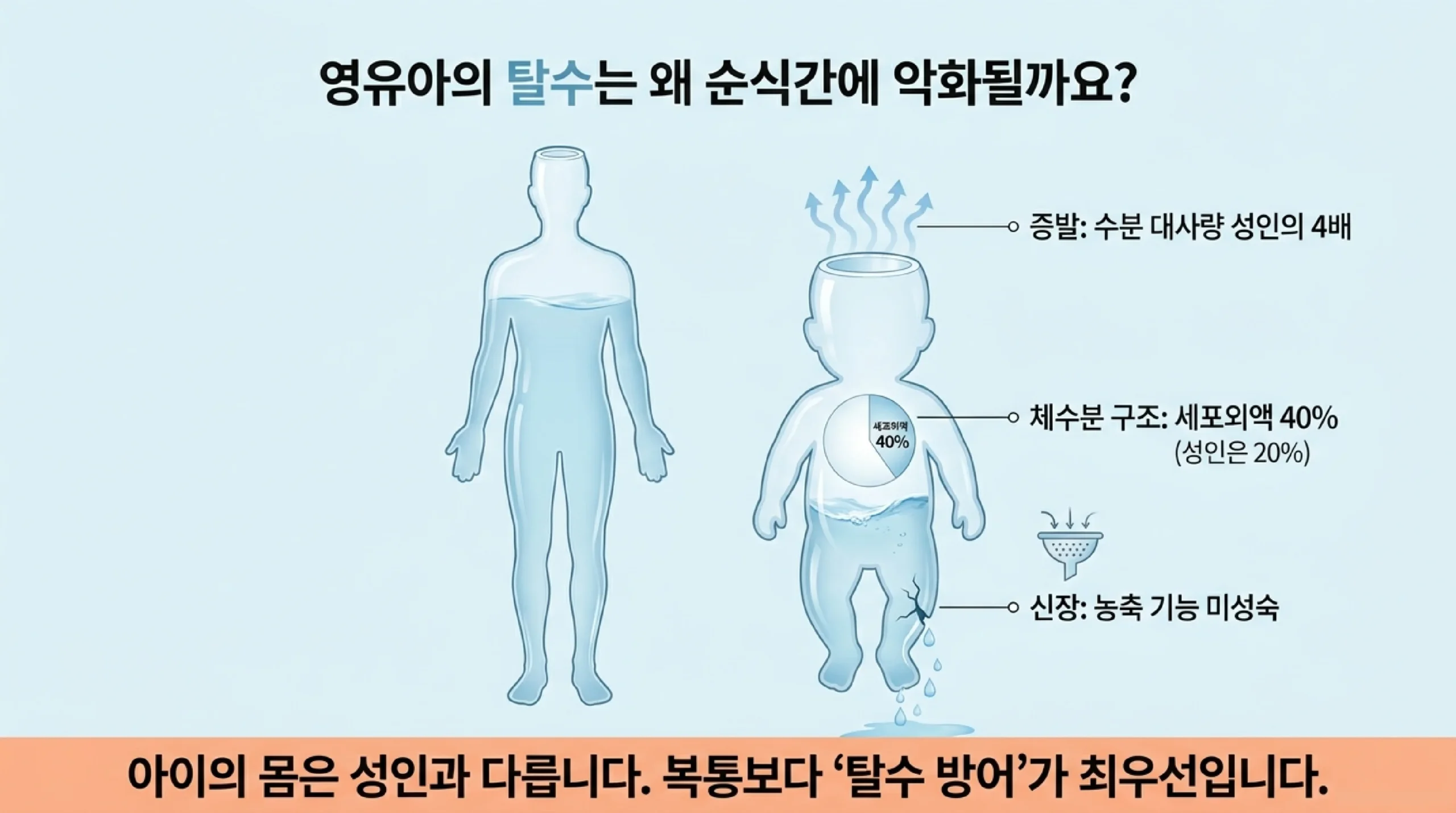 영유아가 탈수에 취약한 이유 — 수분 대사량 성인의 4배, 세포외액 40%, 신장 농축 기능 미성숙