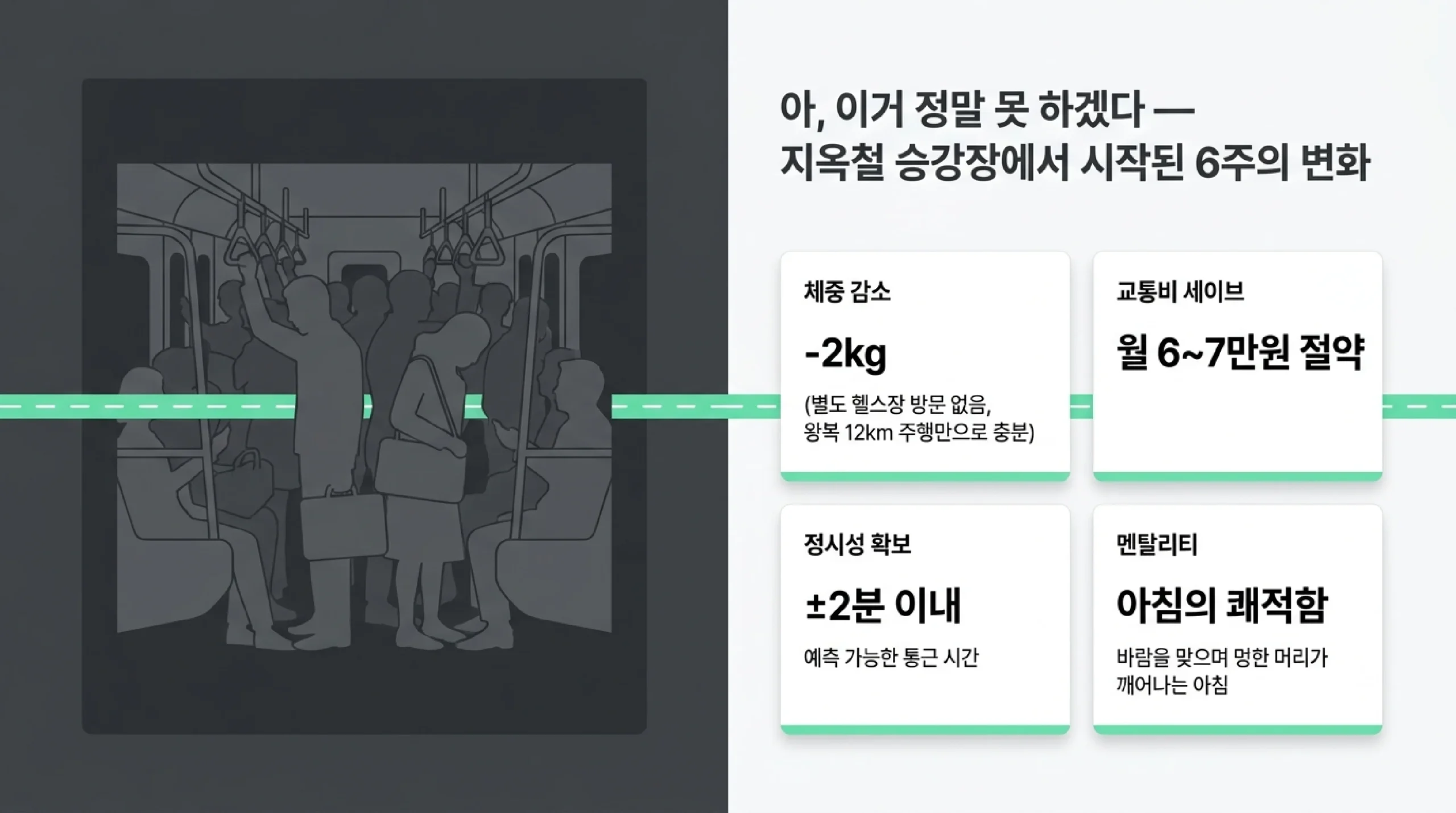 자전거 통근 6주 솔직 후기 — 체중 2kg 감소·교통비 절약·아침 쾌적함 실제 경험담