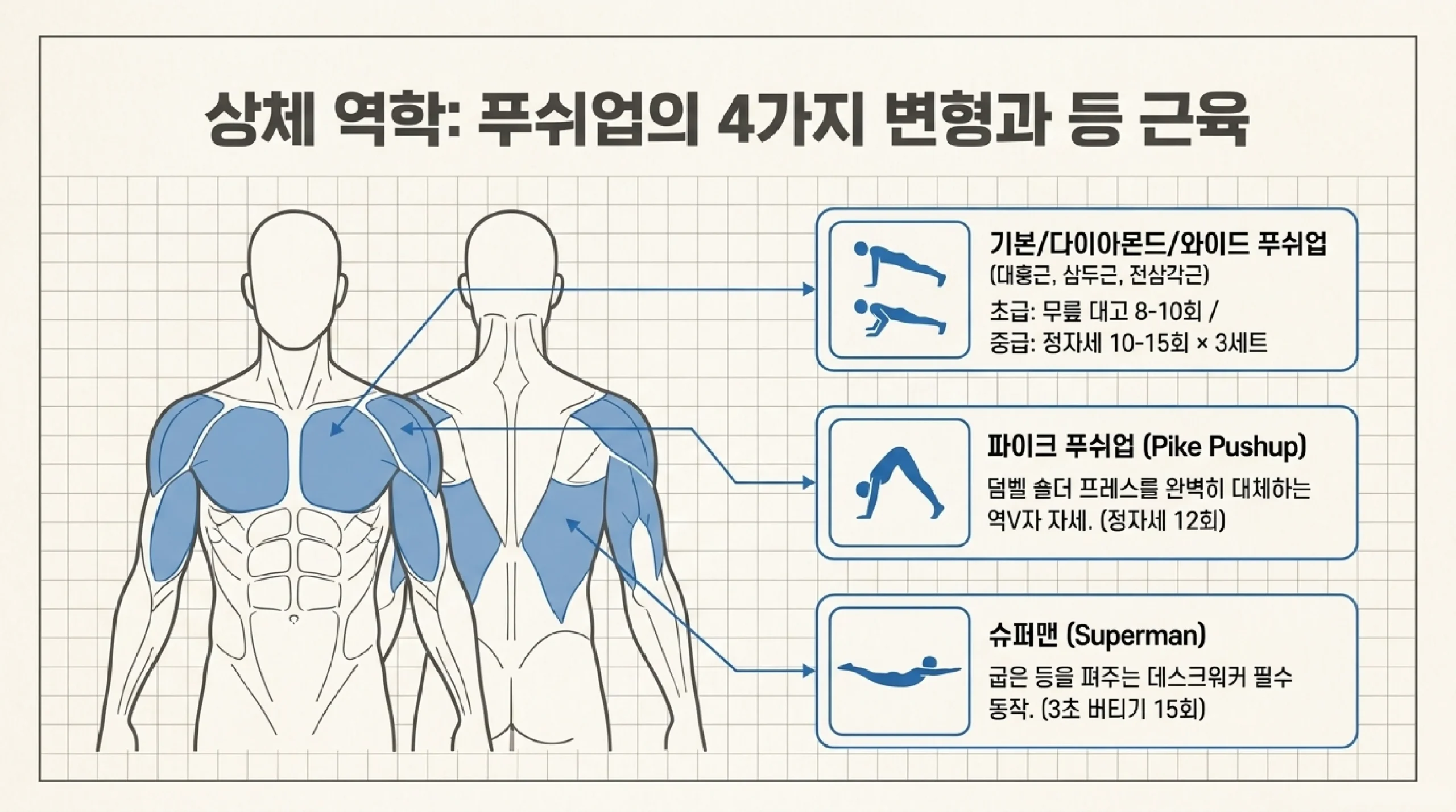 상체 맨몸 운동 5가지 — 푸쉬업 변형·파이크·슈퍼맨 비교표