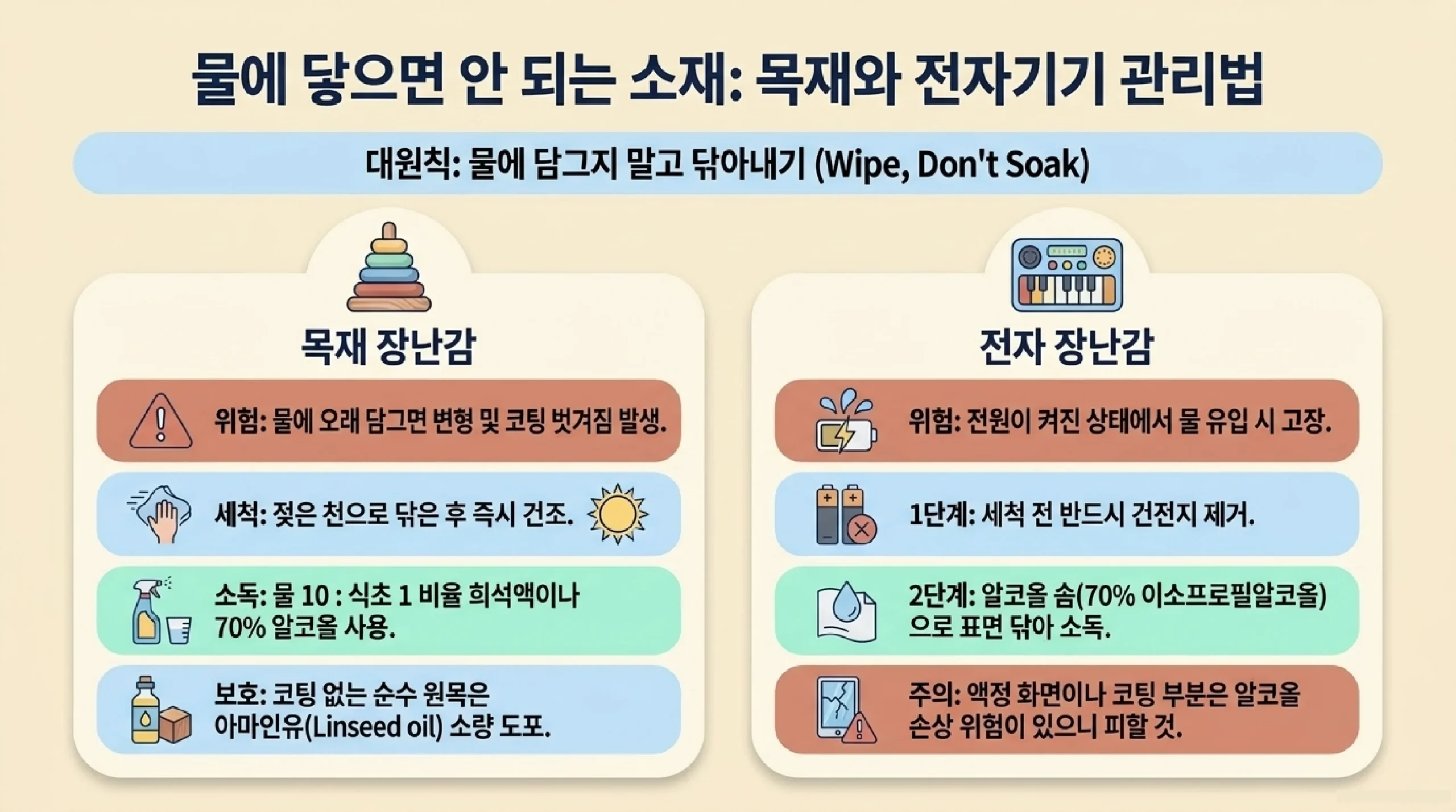 목재·고무·전자 장난감 세척법 — 소재별 물 사용 주의사항과 알코올 소독법