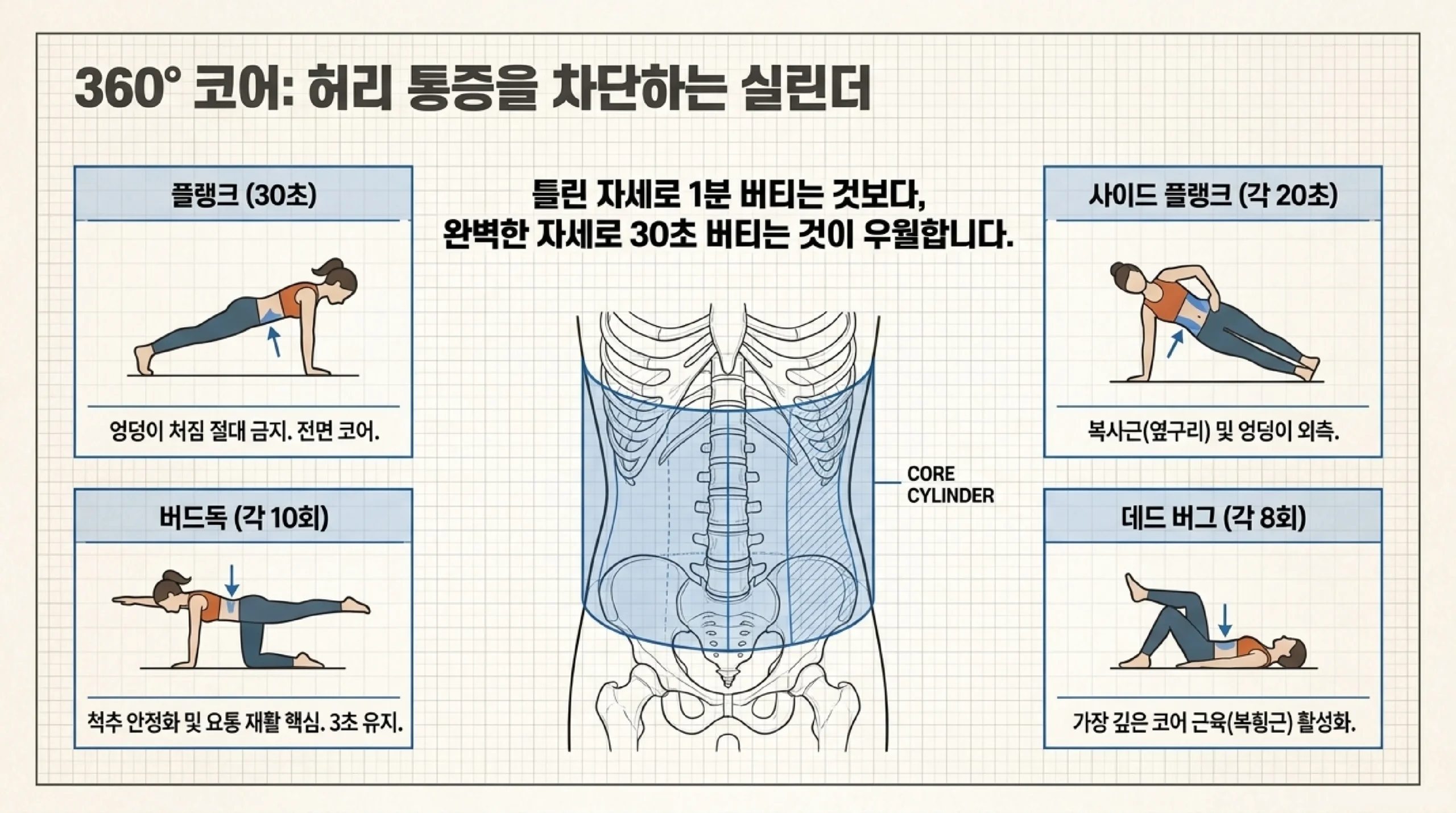 코어 운동 4가지 — 플랭크·버드독·데드 버그 척추 안정화 루틴