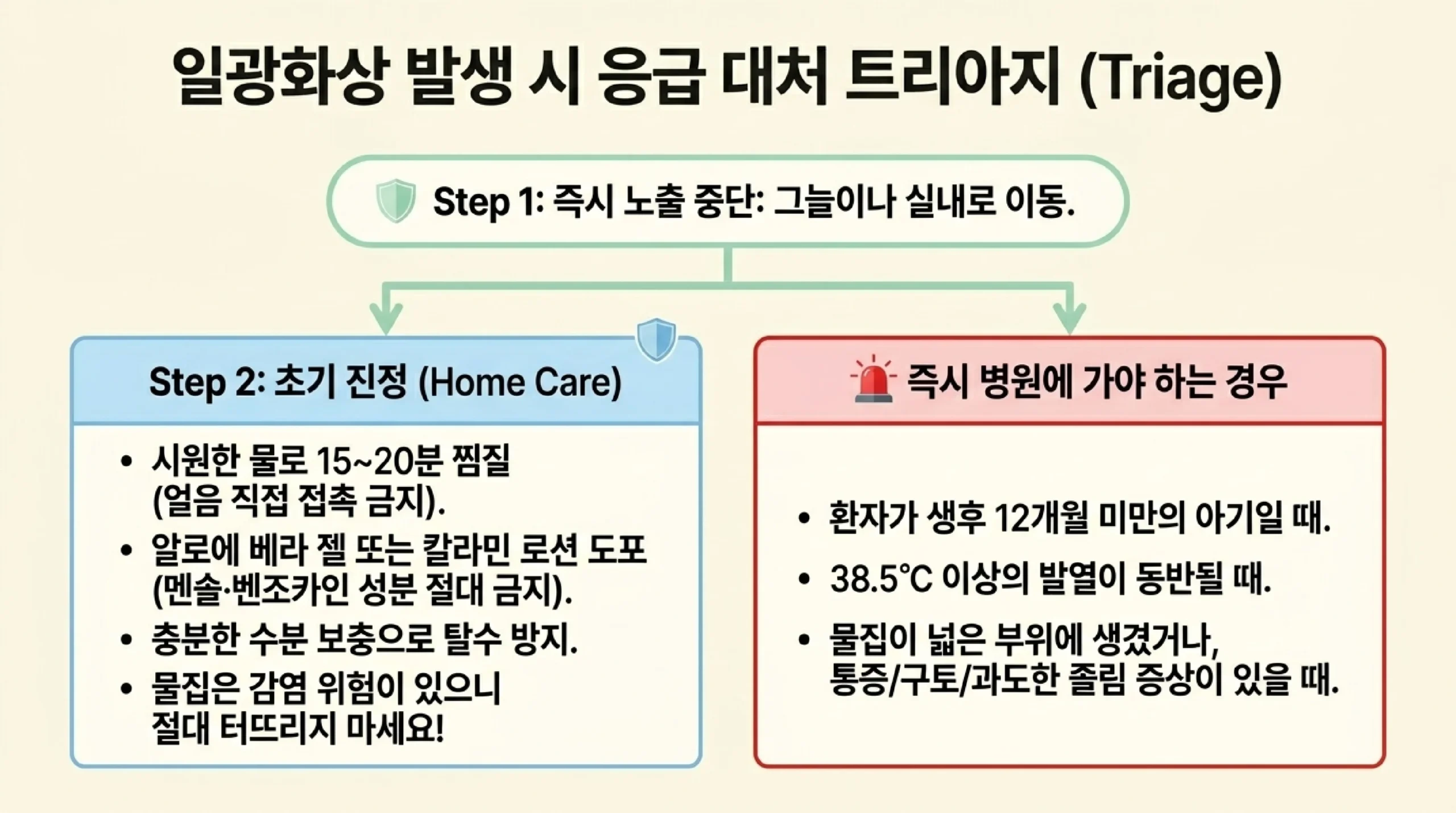 일광화상 발생 시 응급 대처 트리아지 — 가정 초기 진정 vs 즉시 병원 기준