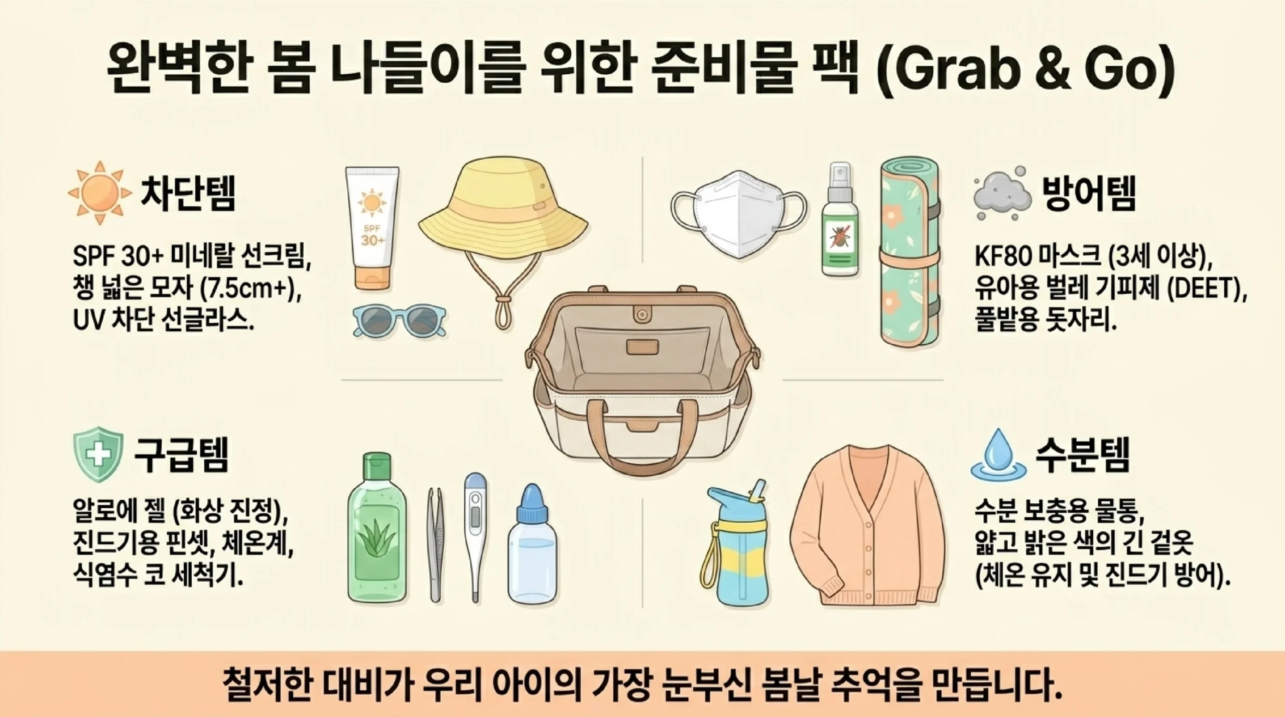 완벽한 봄 나들이 준비물 팩 Grab & Go — 차단템, 방어템, 구급템, 수분템 4카테고리