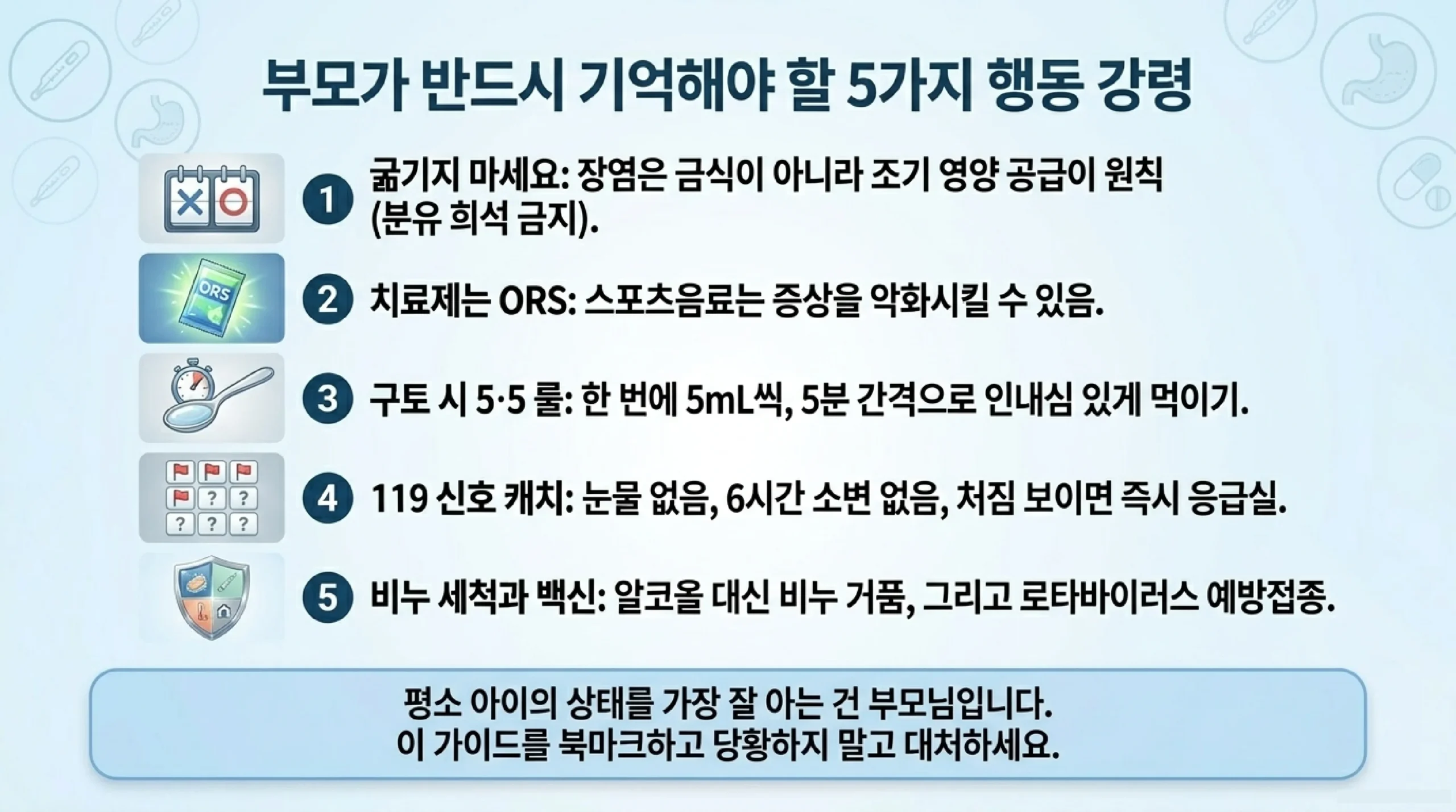 부모가 반드시 기억해야 할 5가지 행동 강령 — 조기영양·ORS·5·5룰·119신호·손씻기