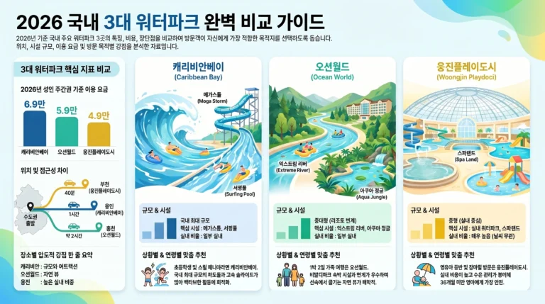 국내 워터파크 비교 2026 — 캐리비안베이·오션월드·웅진 입장료·시설·주차 총정리