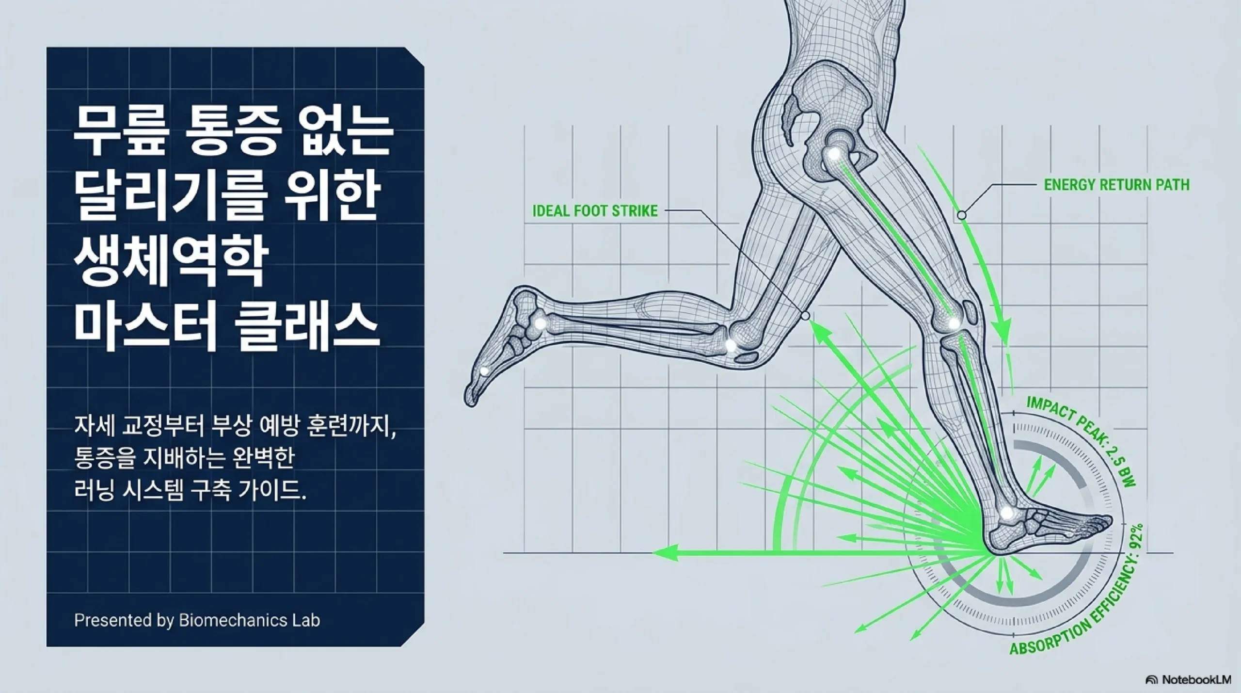 무릎 달리기 인포그래픽 — 러닝 자세 교정·통증 유형별 관리·보강 운동 한눈에 정리
