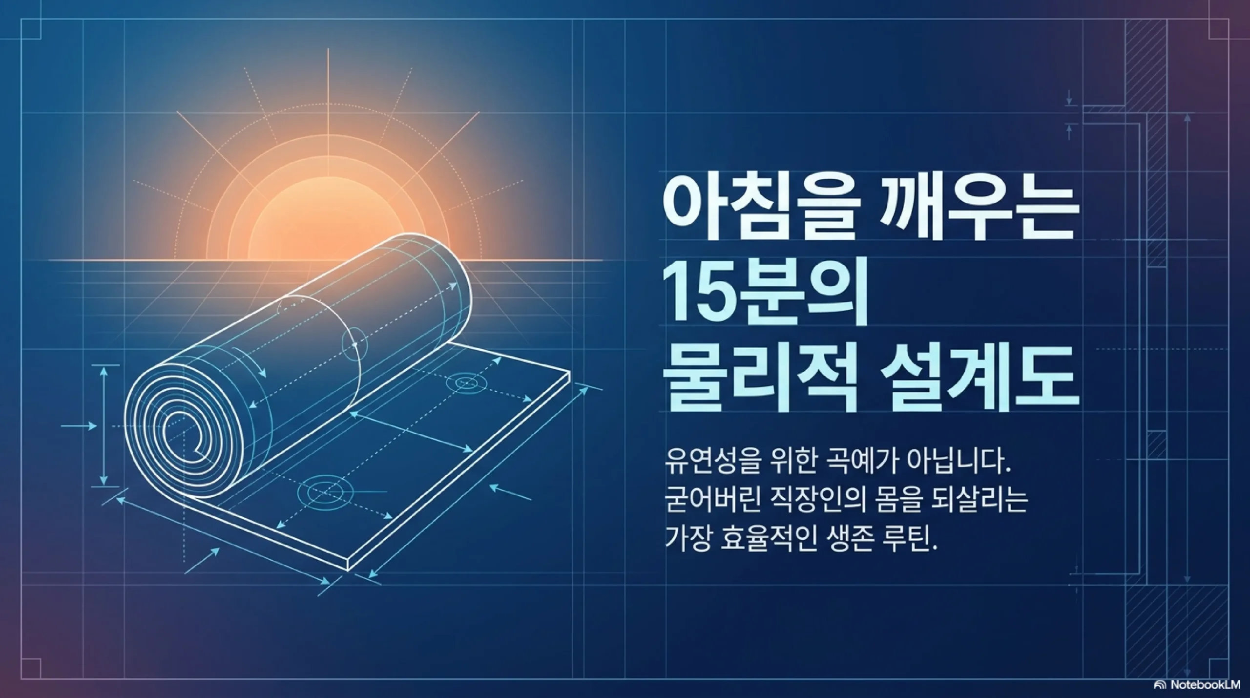 홈 요가 입문 인포그래픽 — 아침 15분 루틴 5가지 동작·준비물·타임라인 한눈에 정리
