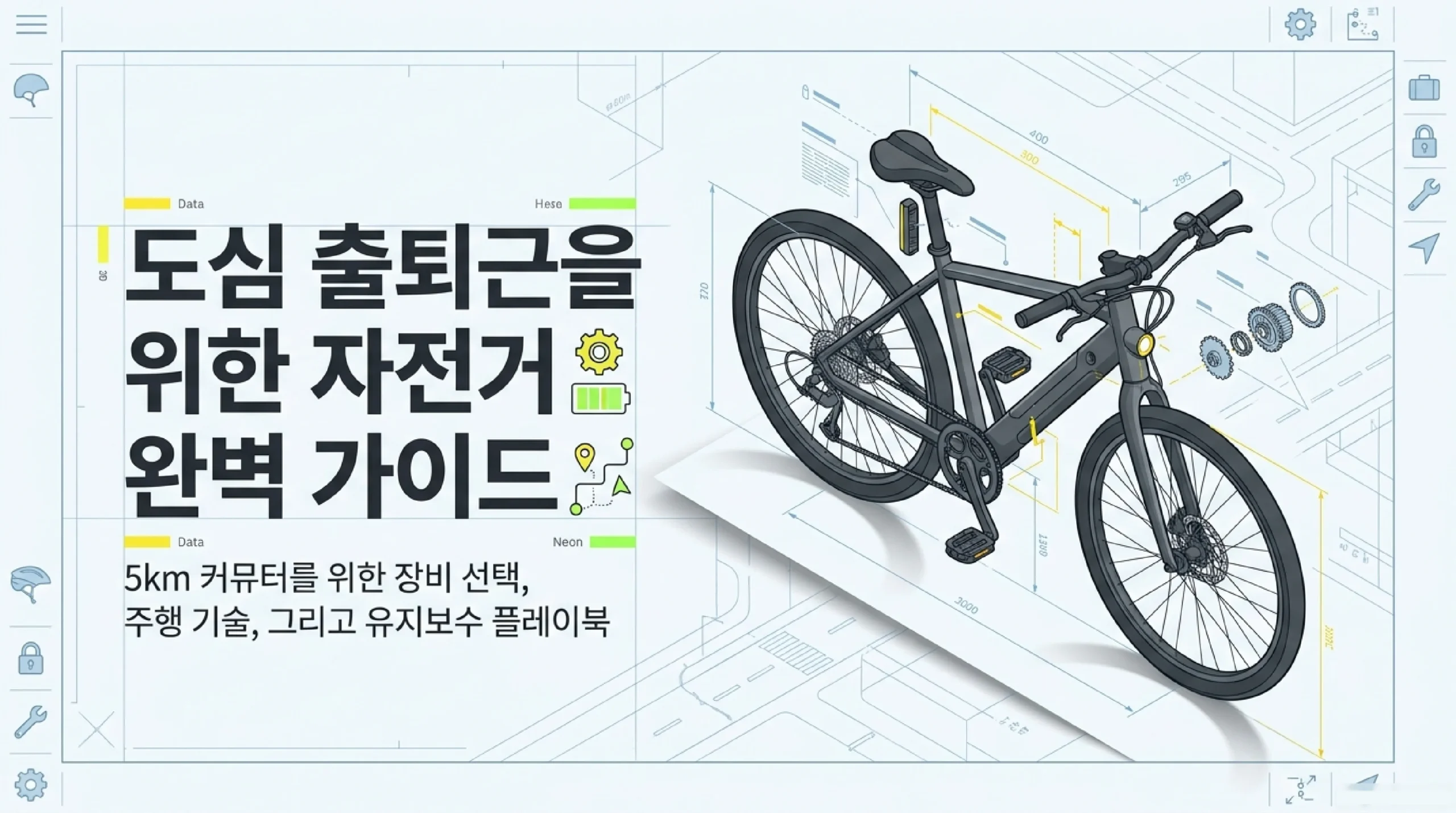 자전거 통근·라이딩 입문 인포그래픽 — 하이브리드 고르기·기어 사용법·안전 장비 핵심 정리
