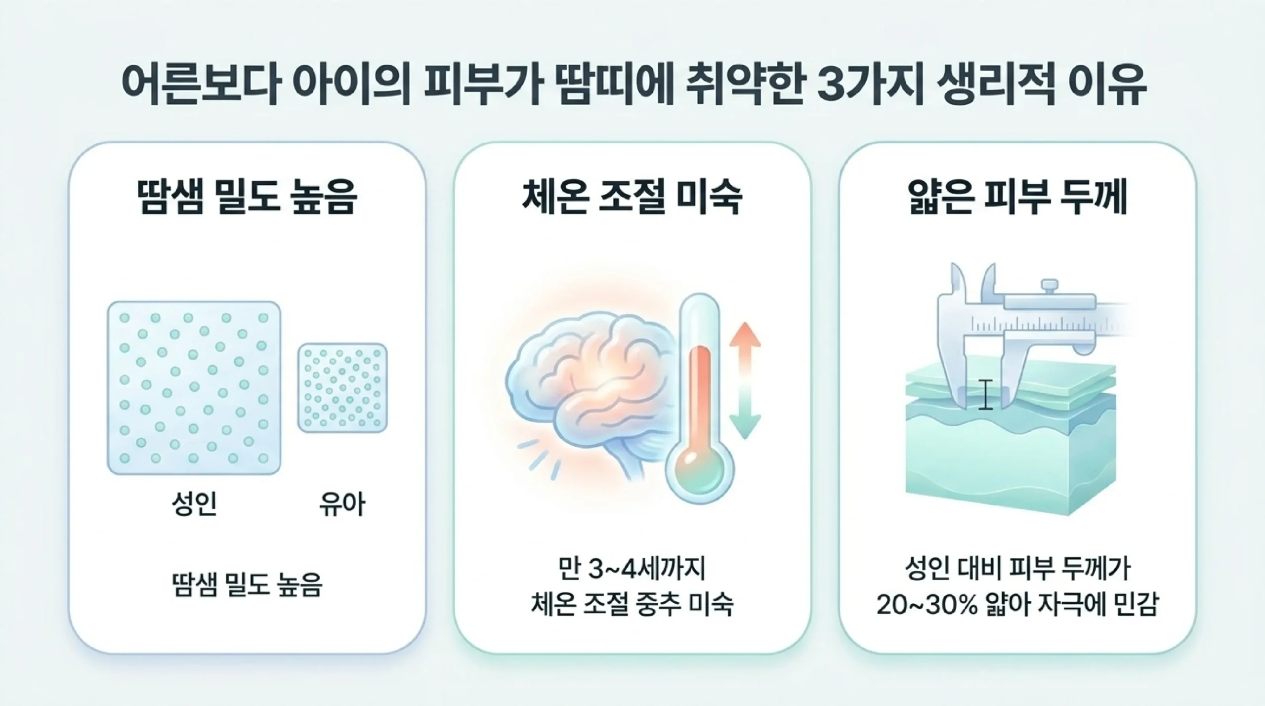 유아에게 땀띠가 많이 생기는 이유 — 땀샘 밀도·체온 조절 미숙·얇은 피부