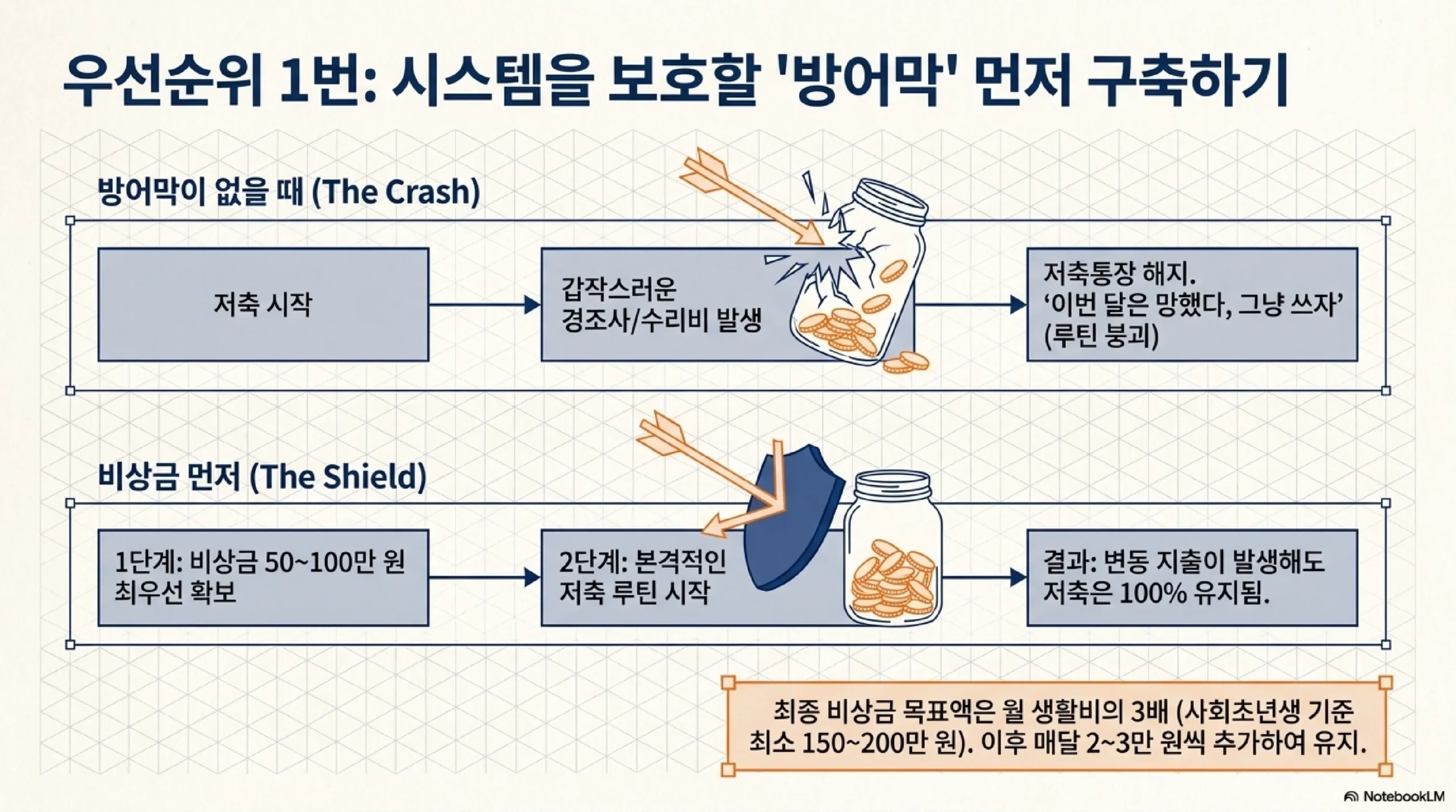 4통장 시스템 구조 — 급여통장·저축통장·생활비통장·비상금통장 분리