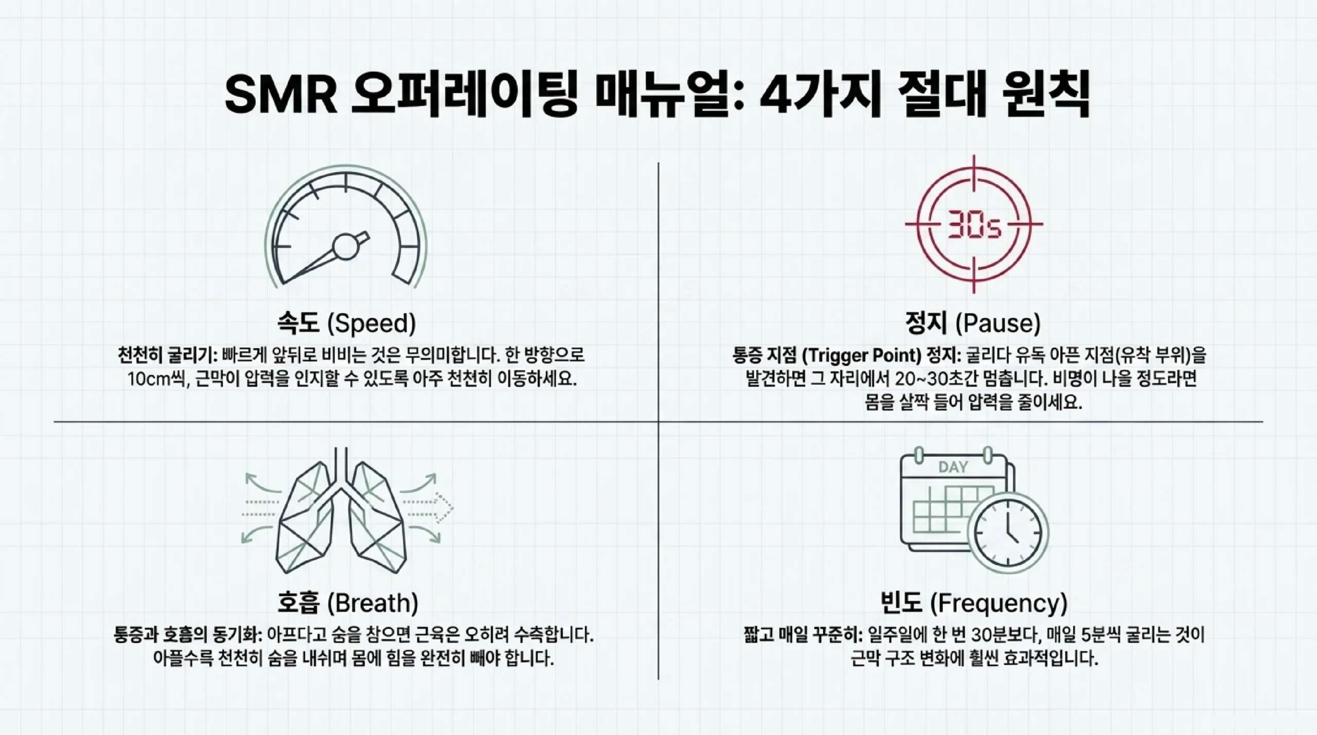 폼롤러 4가지 절대 원칙 — 속도·정지·호흡·빈도로 효과를 2배 높이는 방법