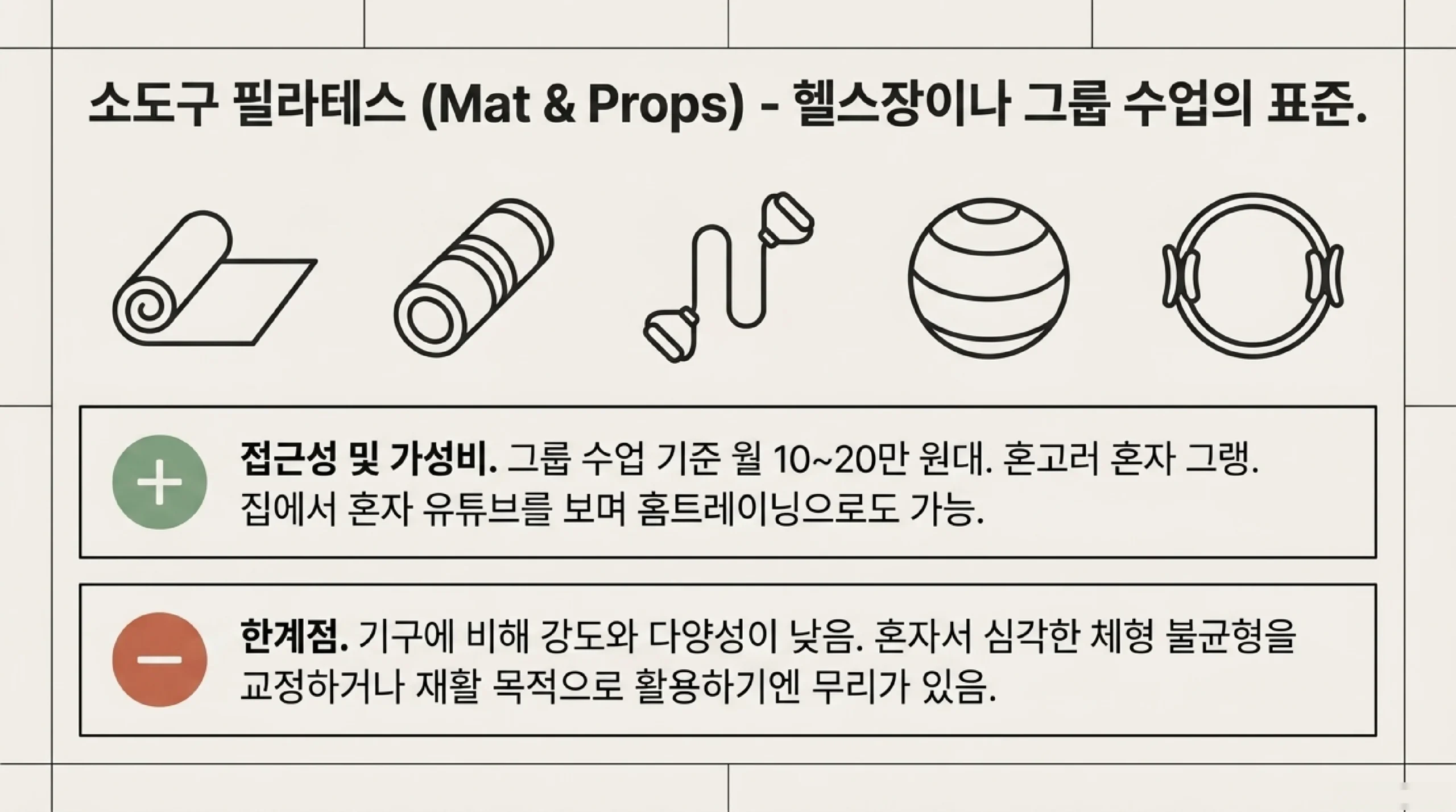 소도구 필라테스 vs 기구 필라테스 비교 — 장비·수업형태·비용·운동강도·자세교정
