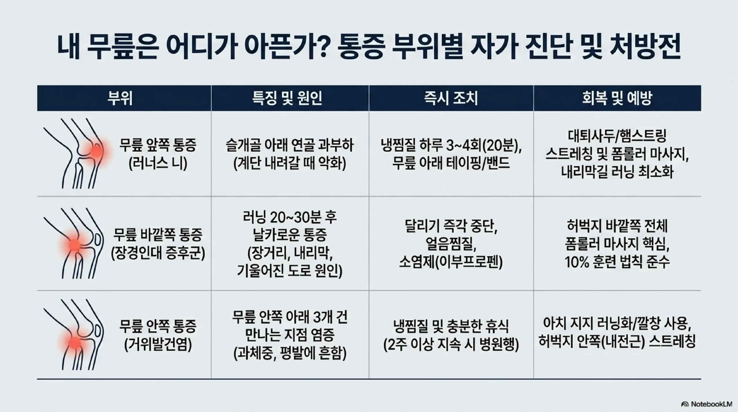러너스 니 vs 장경인대 증후군 vs 거위발건염 — 무릎 통증 유형별 원인과 셀프 관리