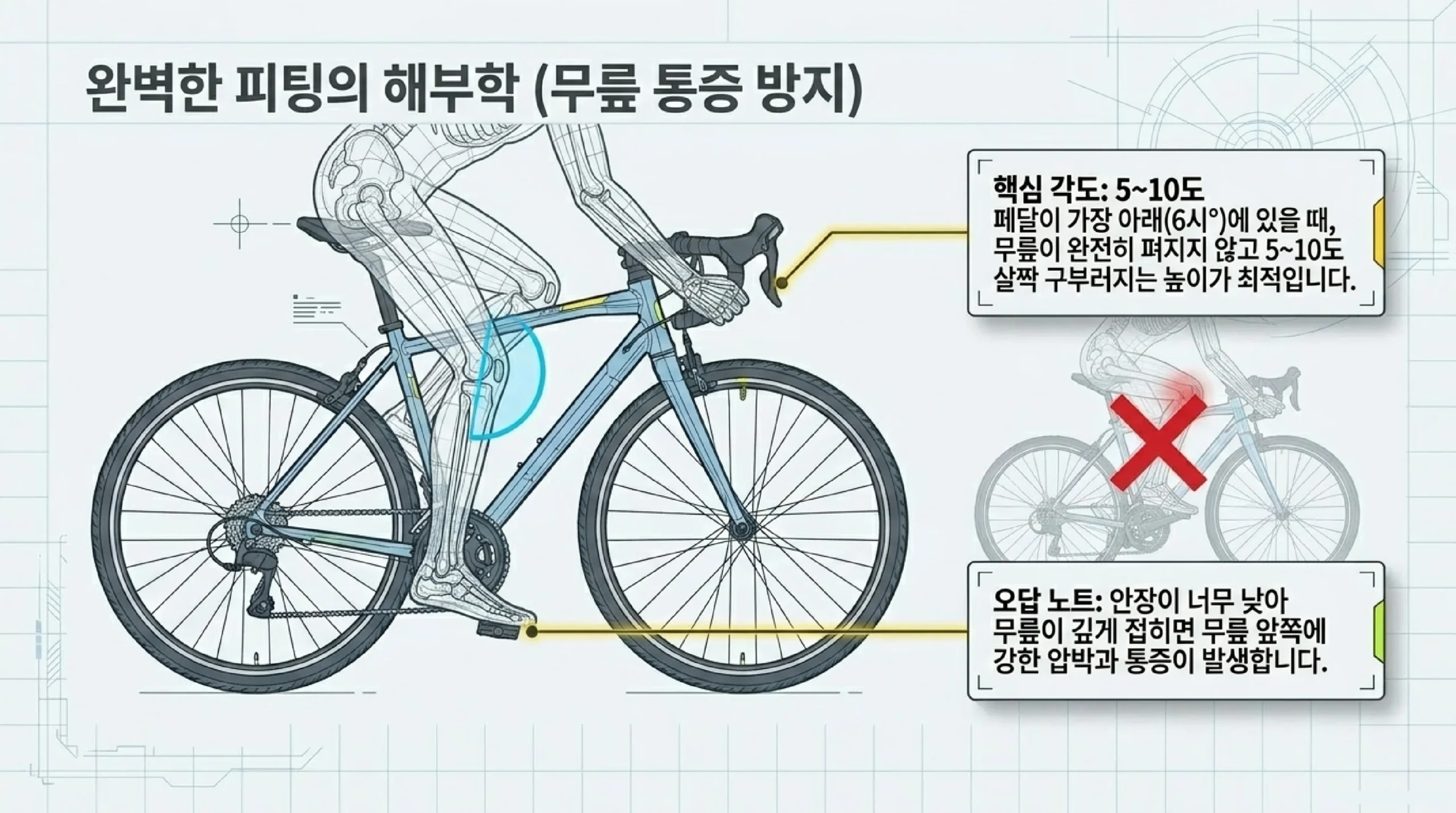 자전거 올바른 안장 높이 피팅 — 무릎 통증 방지 5~10도 각도 설정
