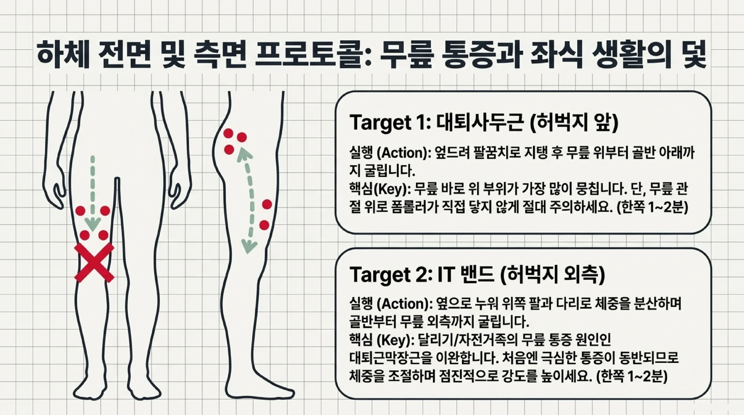 하체 근막이완 프로토콜 — 허벅지 앞(대퇴사두근)·IT 밴드 집중 자극법