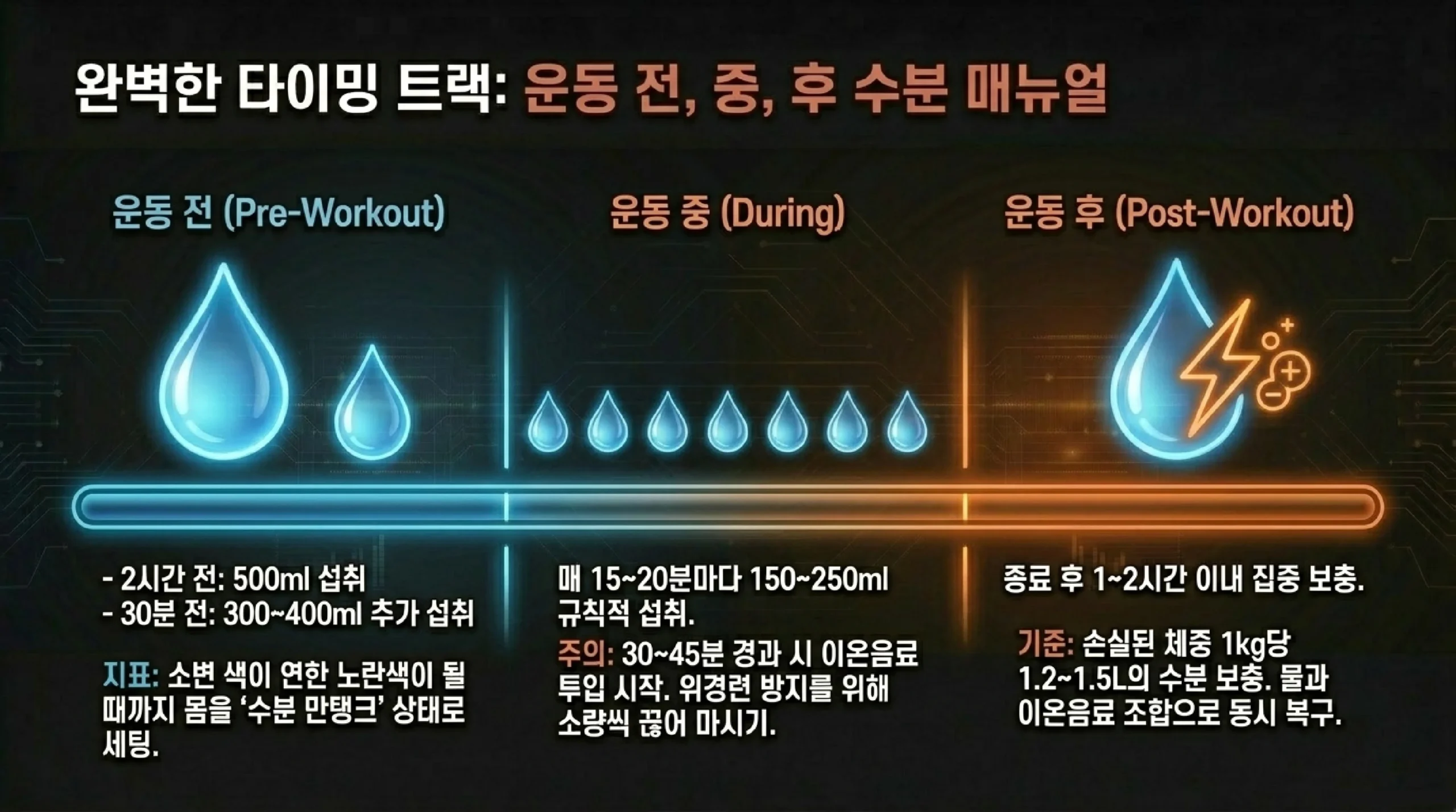 수분 보충 타이밍 — 운동 전·중·후 완벽 매뉴얼