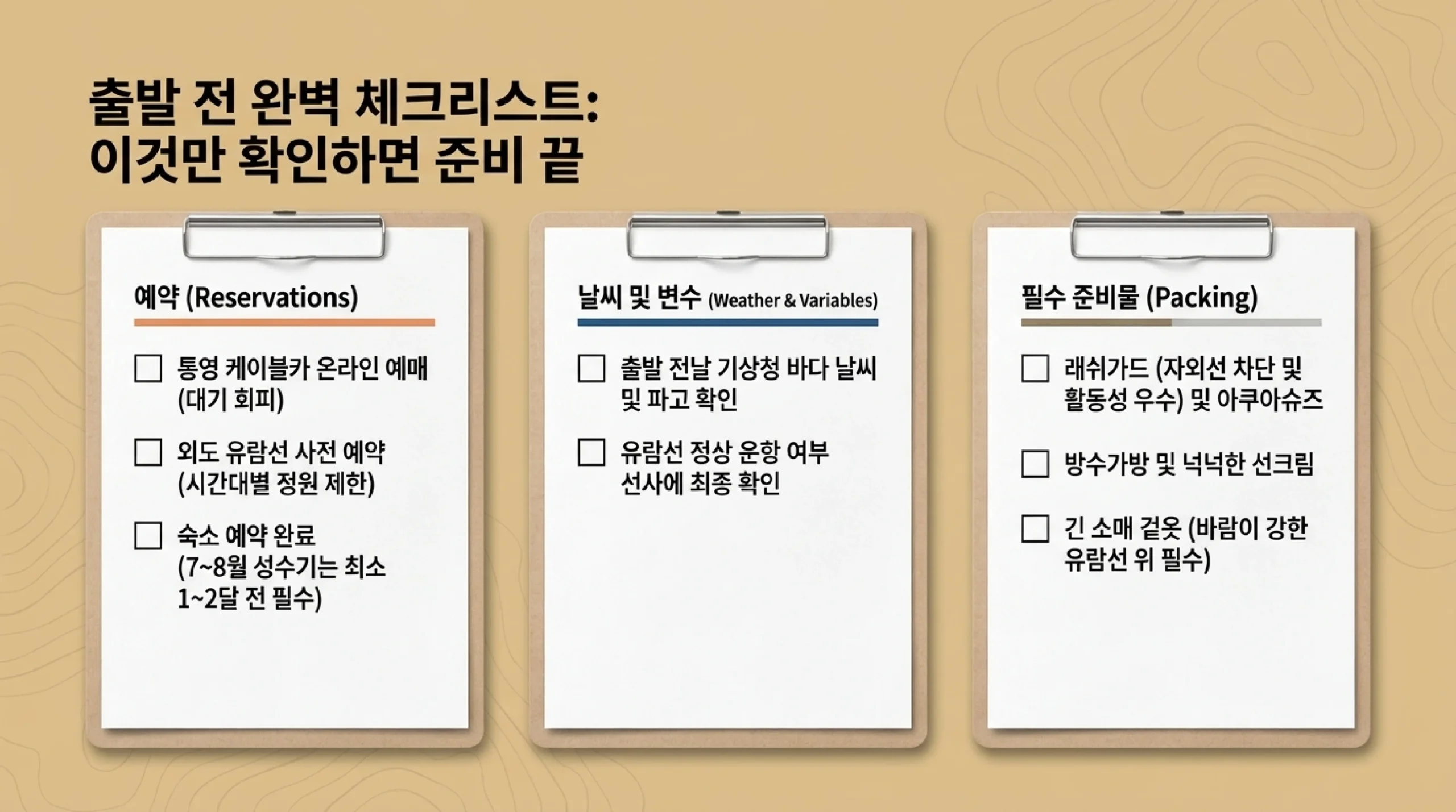 통영·거제 여행 전 체크리스트 — 예약·날씨·준비물·교통비 절약 팁