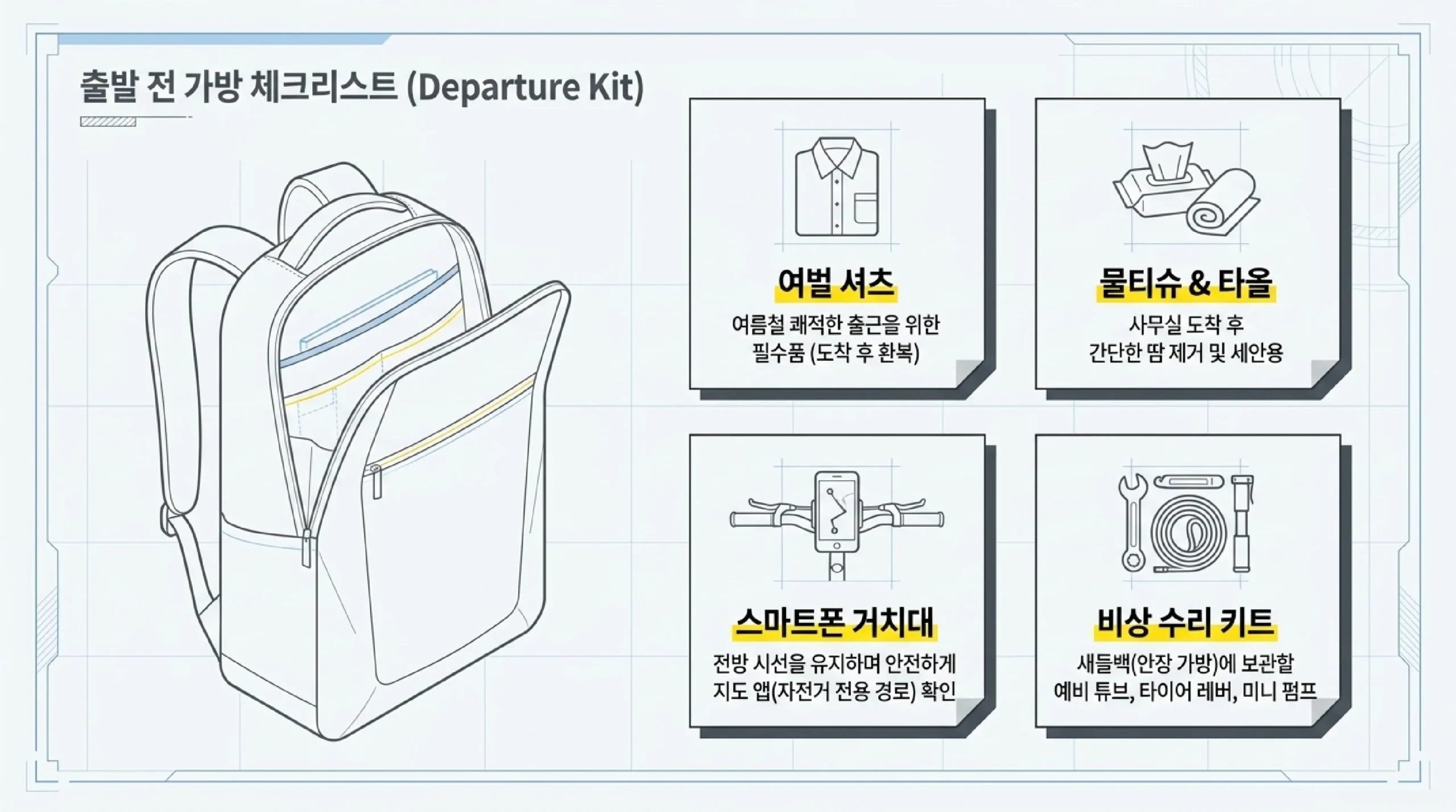 자전거 통근 출발 전 체크리스트 — 여벌 셔츠·수리 키트·거치대