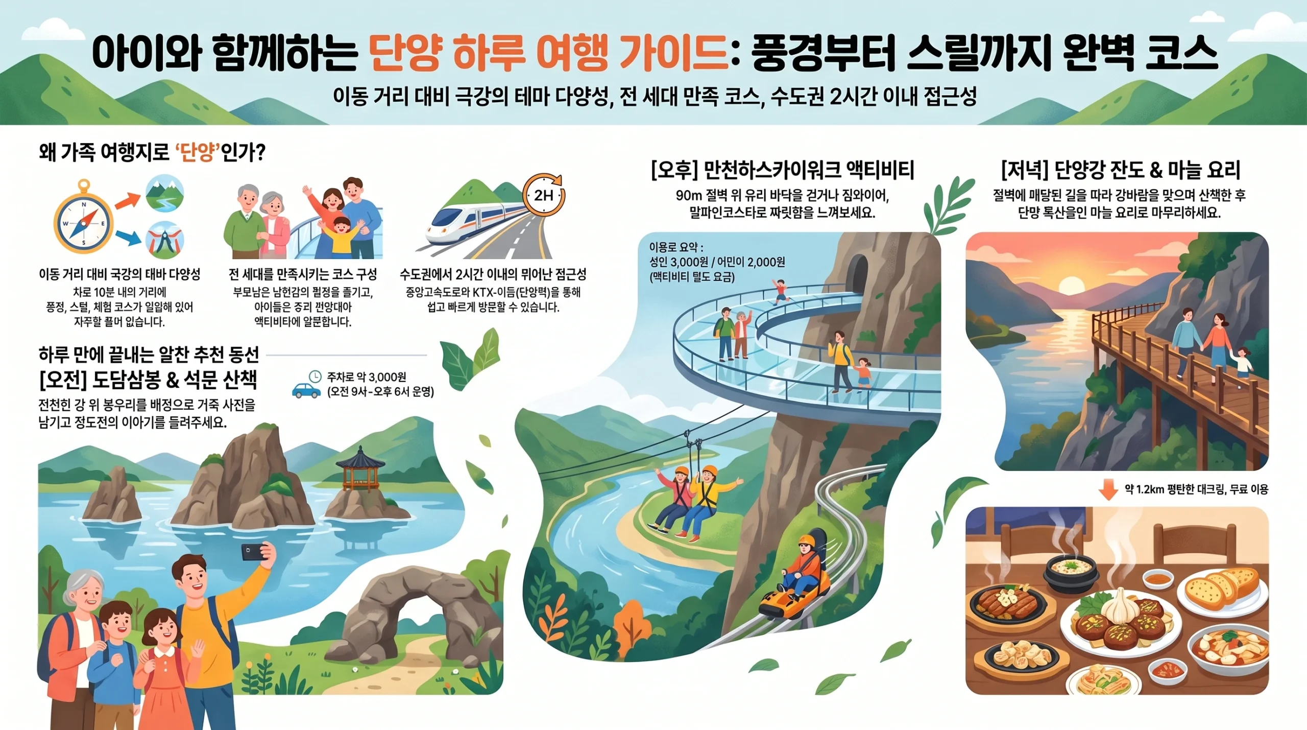 단양 가족 여행 한나절 코스 한눈에 보기 — 도담삼봉·만천하스카이워크·단양강 잔도 동선과 입장료·주차 인포그래픽