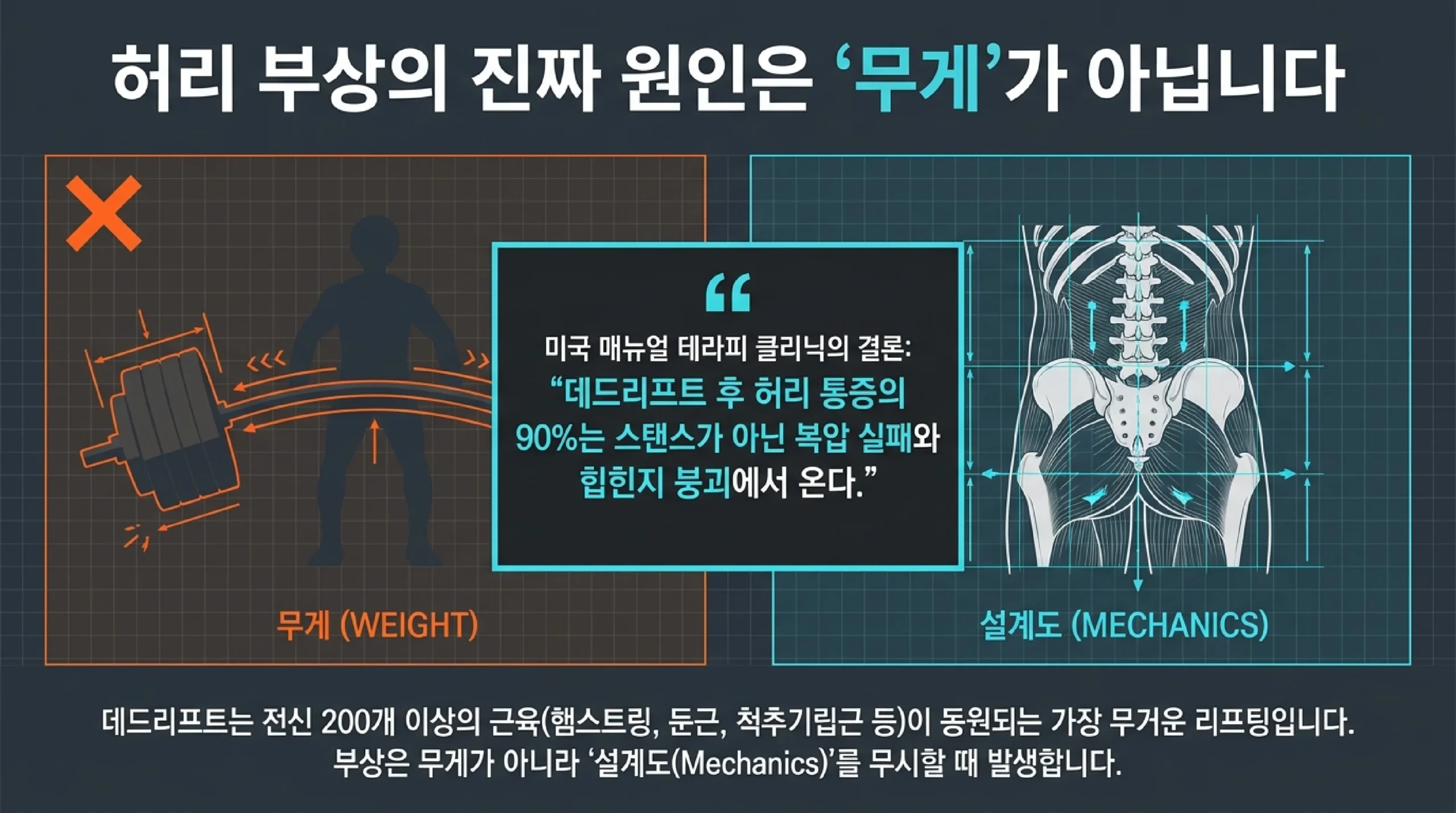 고관절을 경첩처럼 접는 힙힌지 동작과 정강이 수직 유지를 보여주는 데드리프트 자세 슬라이드