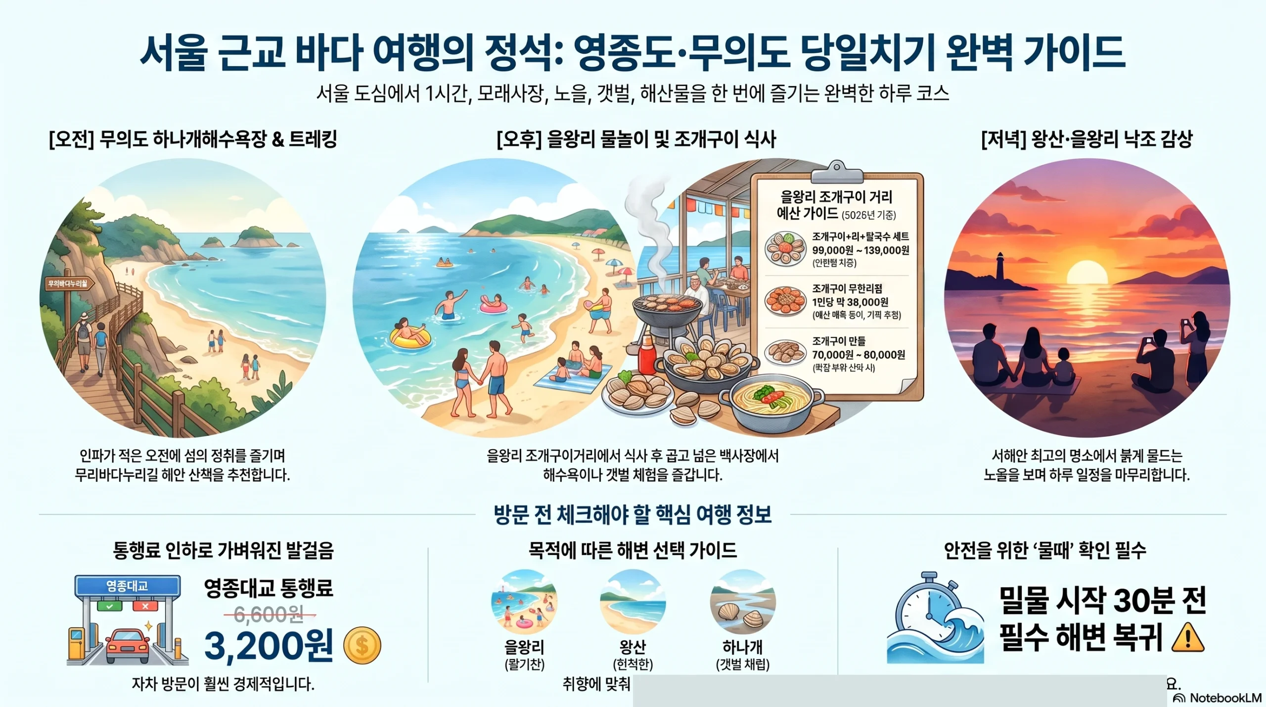 을왕리·무의도 당일 바다 여행 코스 한눈에 보기 — 영종도 해변·교통·먹거리·노을 동선 인포그래픽
