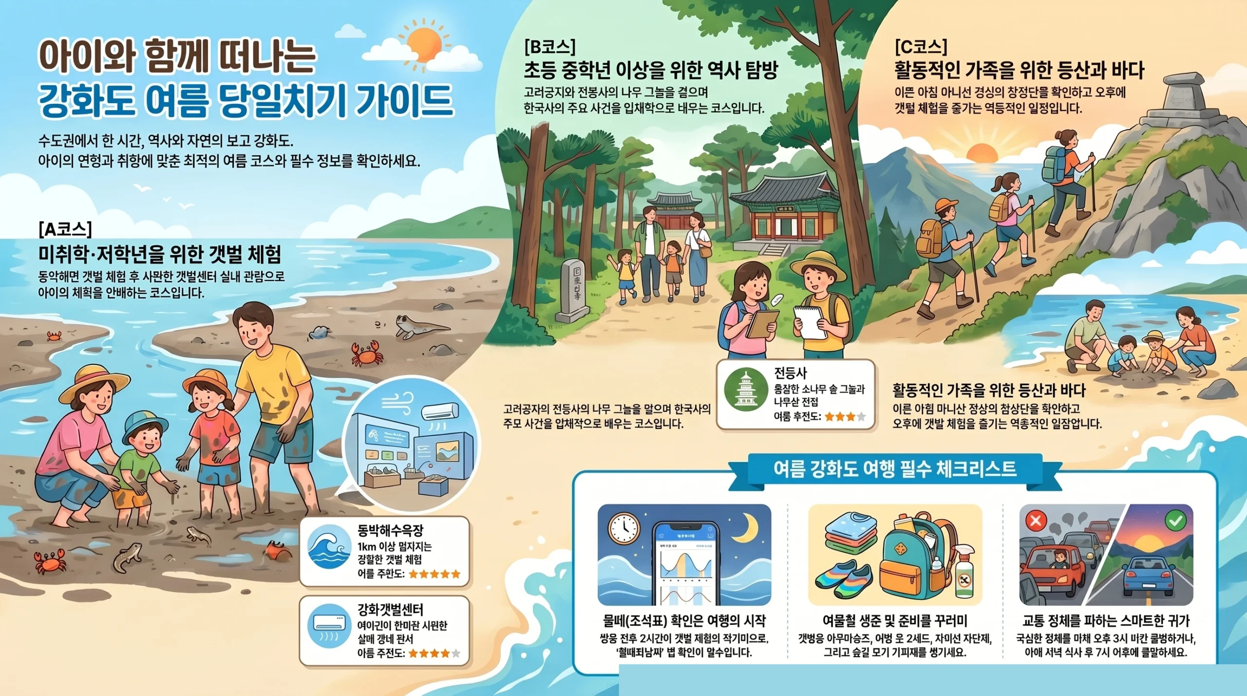 강화도 여름 당일 여행 코스 한눈에 보기 — 갯벌·역사·자연 구역별 명소 인포그래픽
