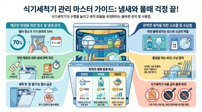 식기세척기 관리법 — 세제 선택·냄새 제거·필터 청소 완전 정리