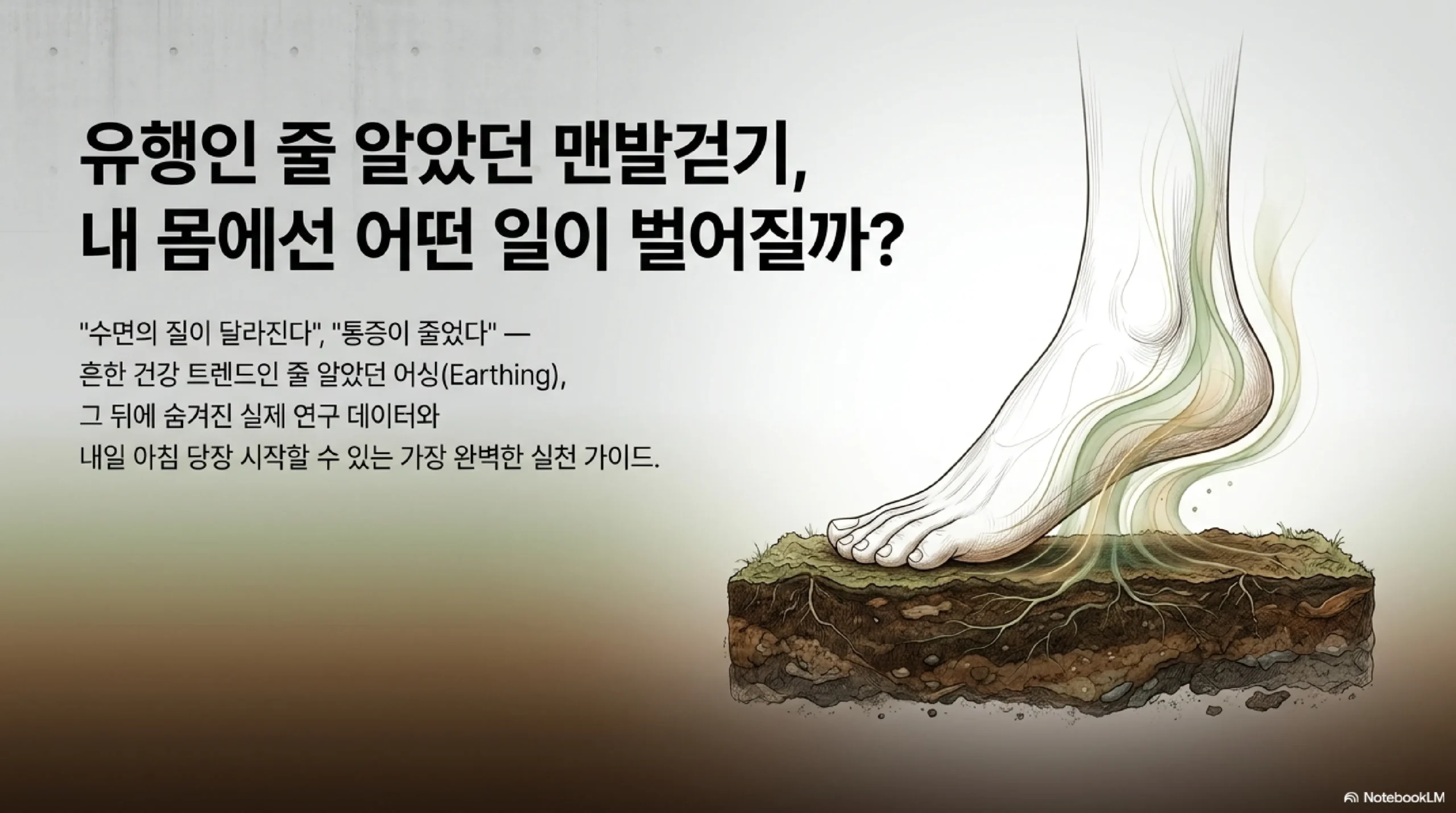 맨발걷기 어싱 효과 인포그래픽 — 접지 원리·염증 감소·수면 개선·통증 완화 핵심 정리
