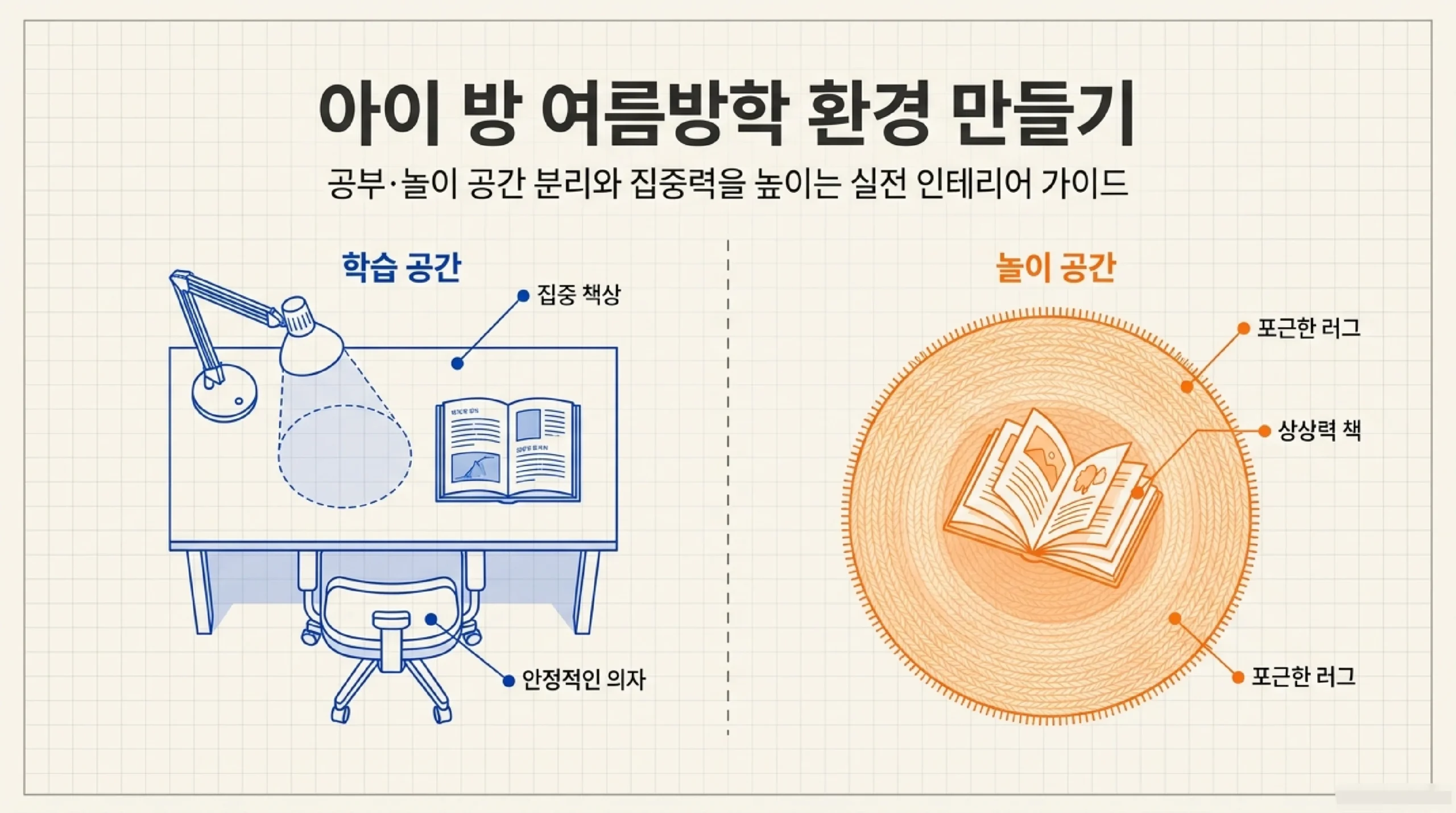 아이 방 여름방학 환경 만들기 인포그래픽 — 공부·놀이 공간 분리와 집중력 높이는 셋업 한눈에 정리