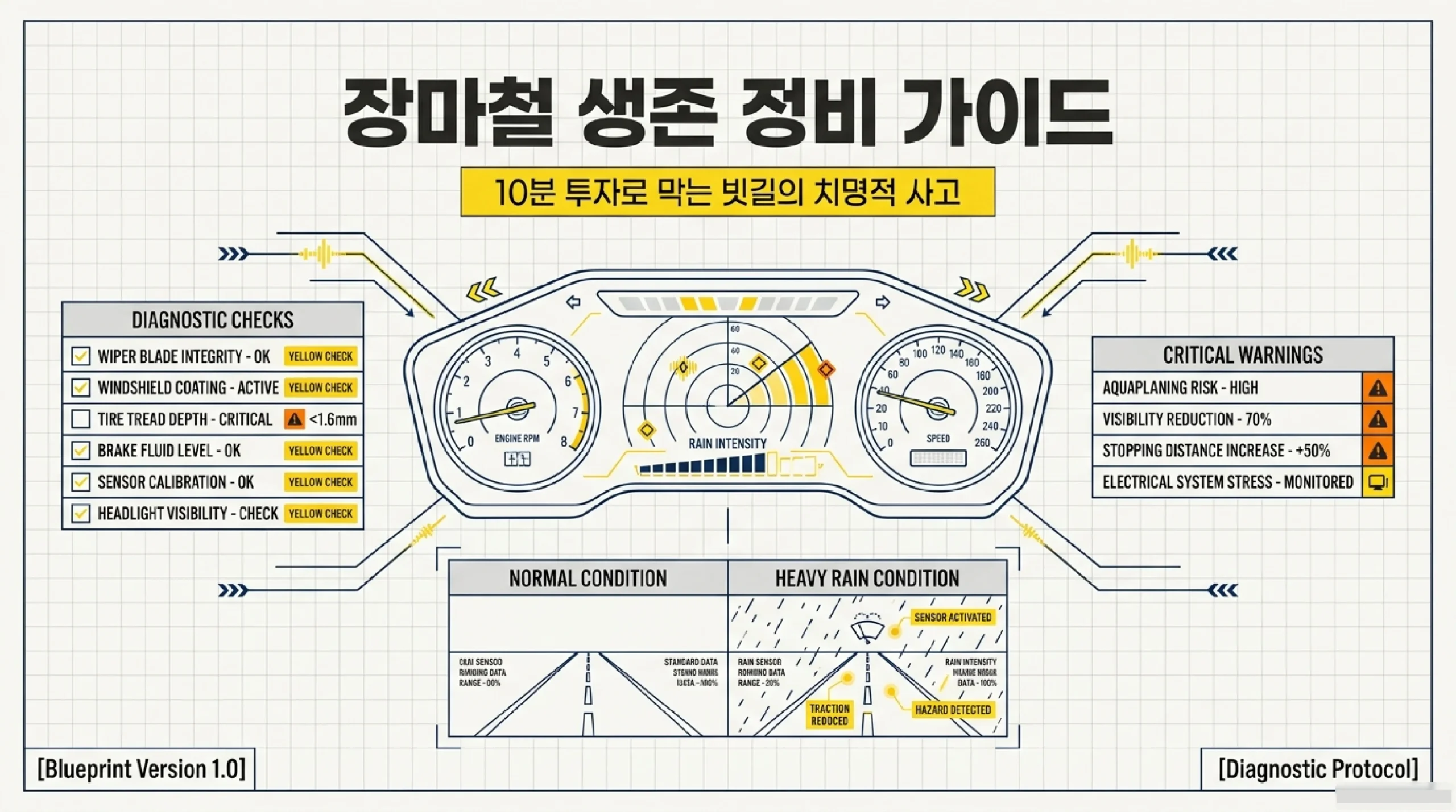 장마 전 자동차 점검 인포그래픽 — 타이어·와이퍼·침수 대비 핵심 체크리스트
