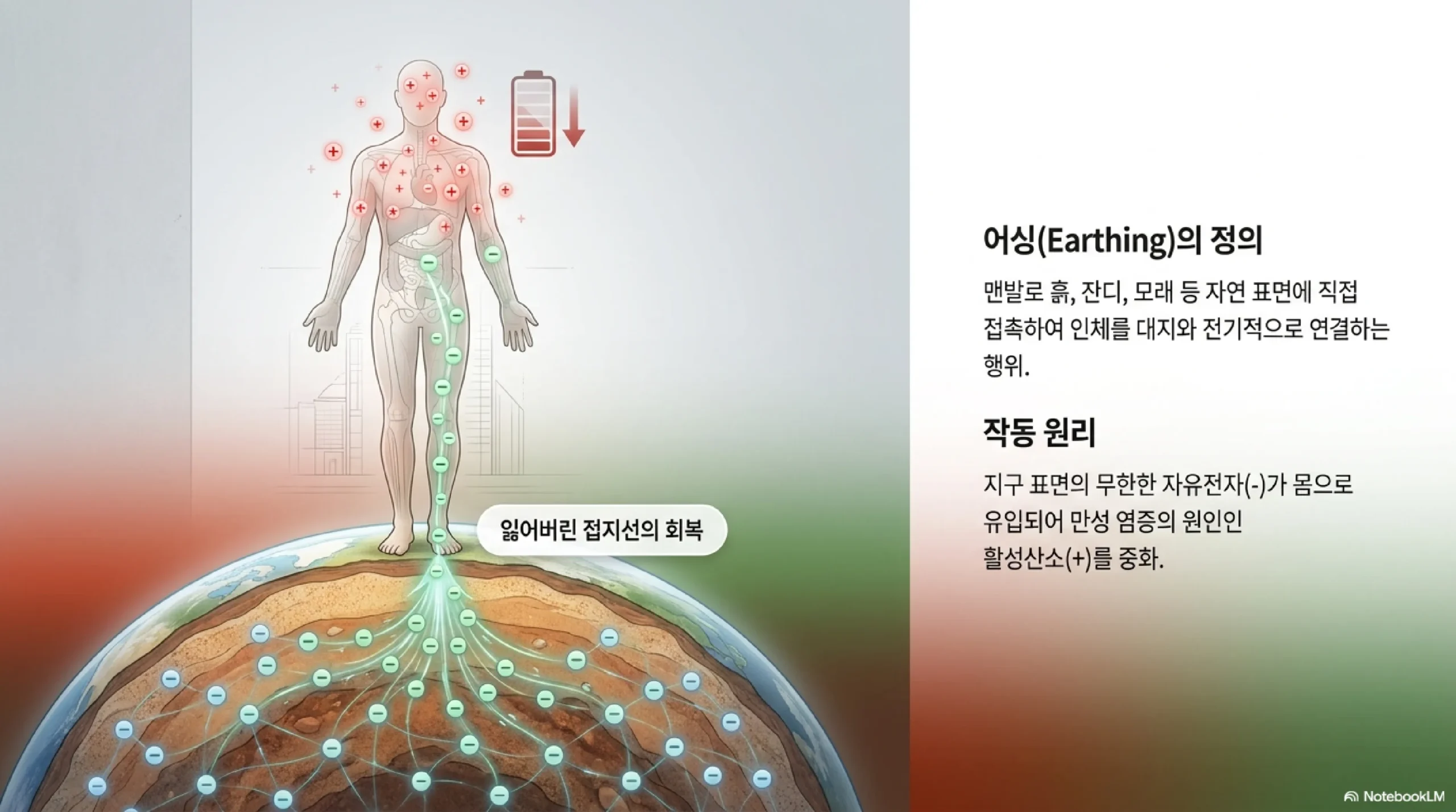 어싱 과학적 근거 — 자유전자 유입으로 활성산소 중화, 염증 지표 CRP 감소 연구