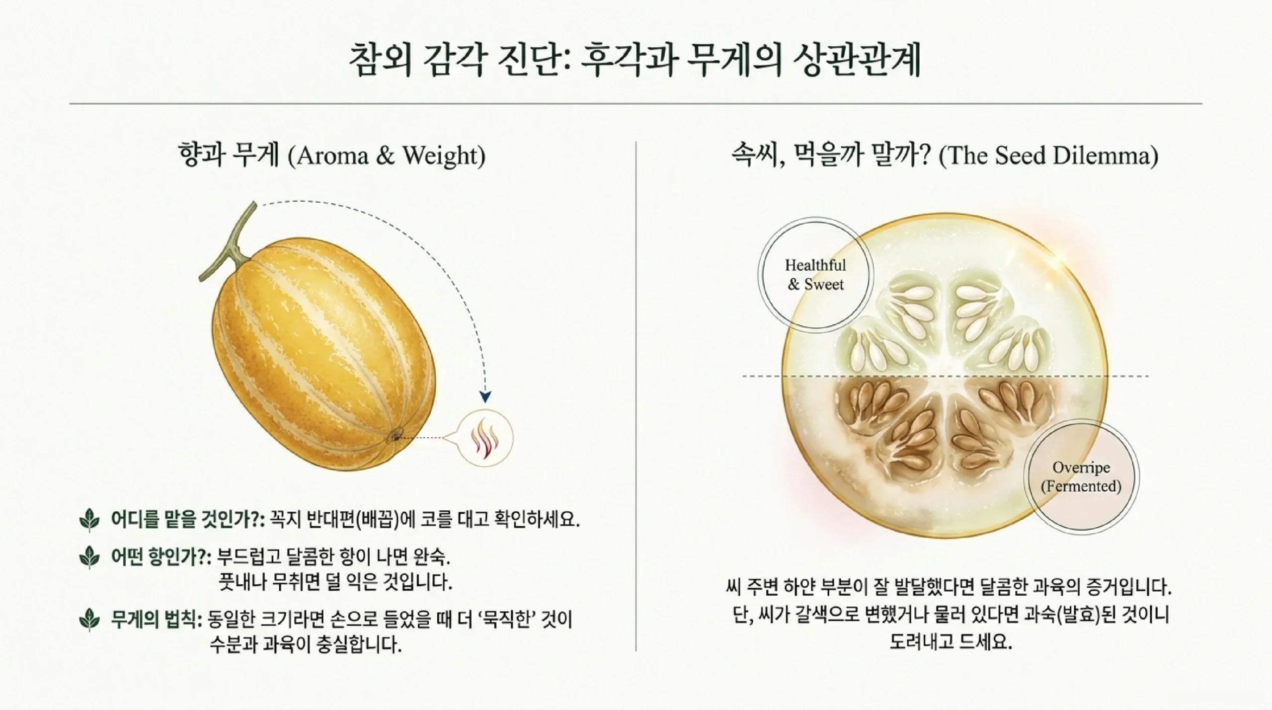 참외 고르는 법 — 골 깊이·황금색 균일도·꼭지 상태로 당도 판단