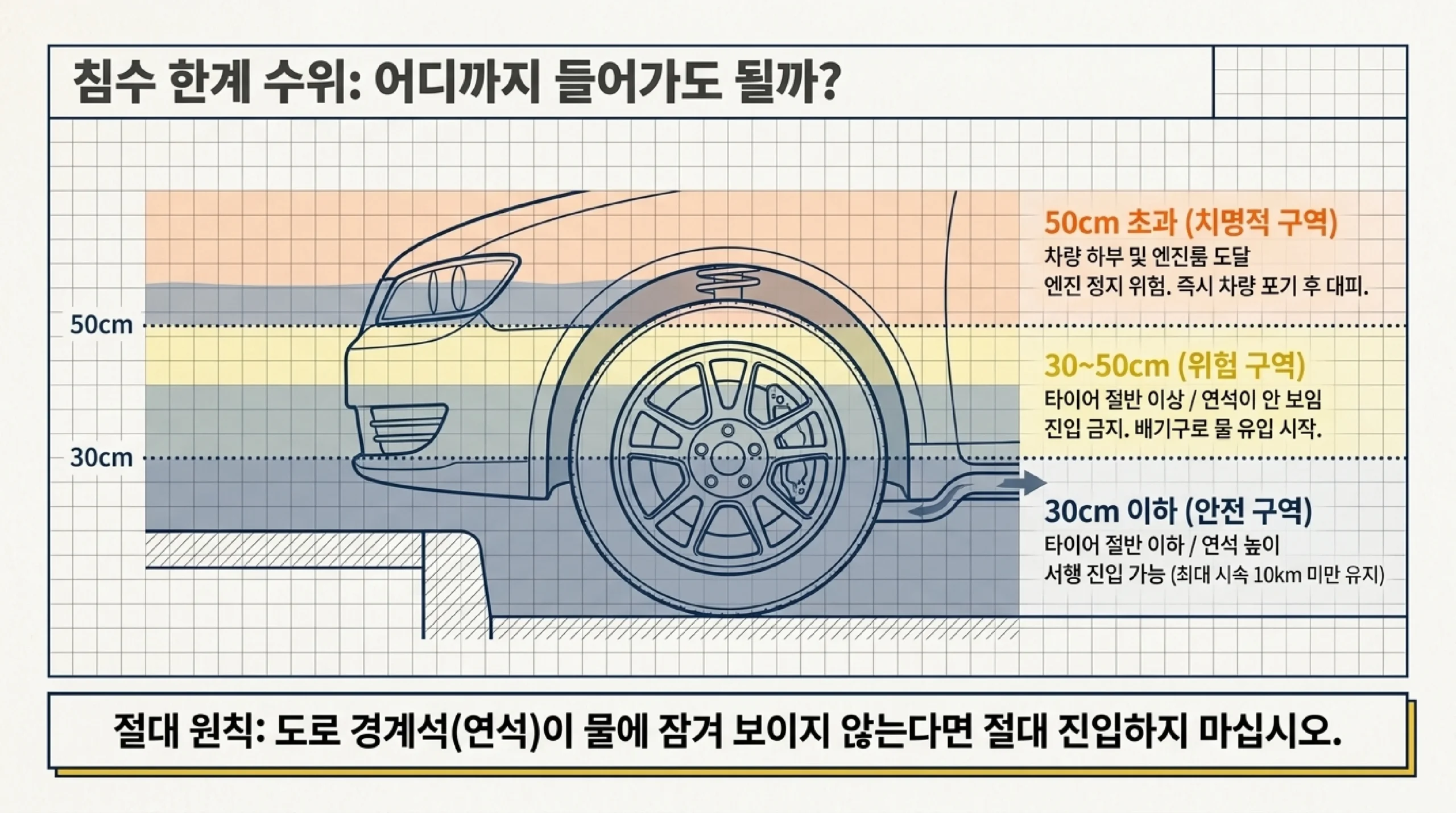 침수 차량 대처법 — 진입 금지 수위 기준과 상황별 탈출 순서