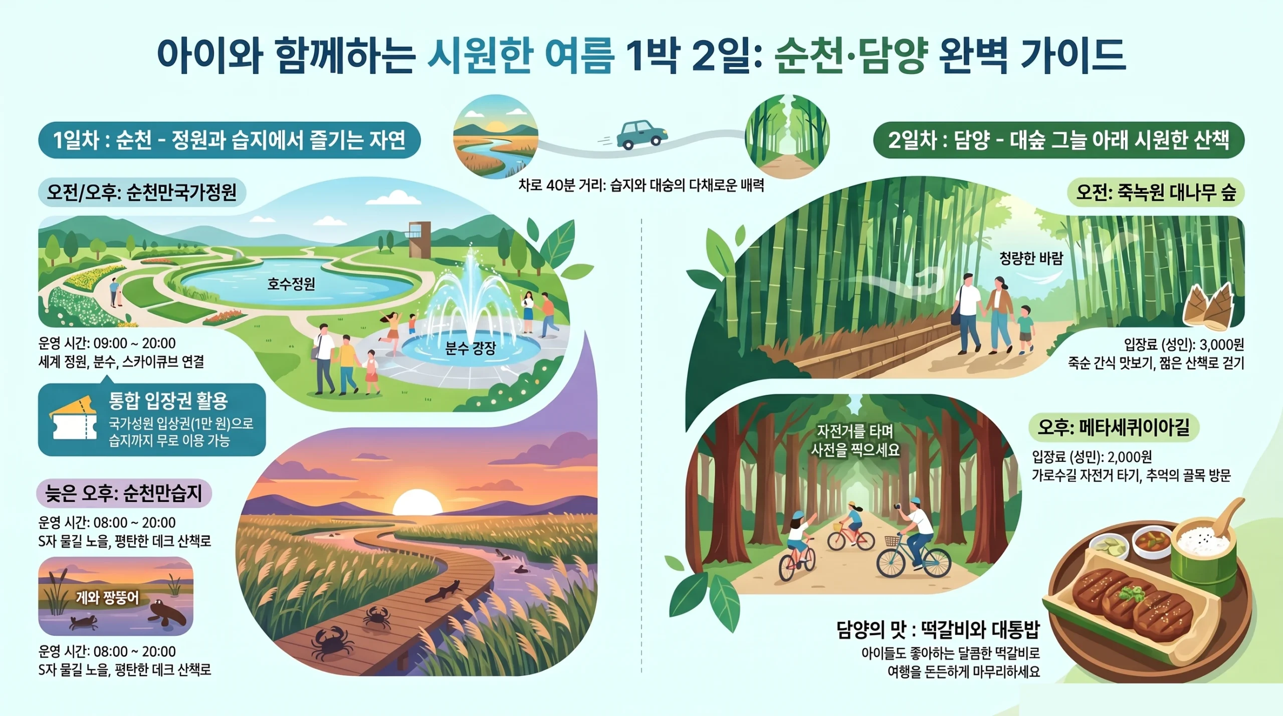 순천·담양 여름 1박2일 가족여행 코스 한눈에 보기 — 순천만 정원·습지와 담양 죽녹원·메타세쿼이아길 인포그래픽