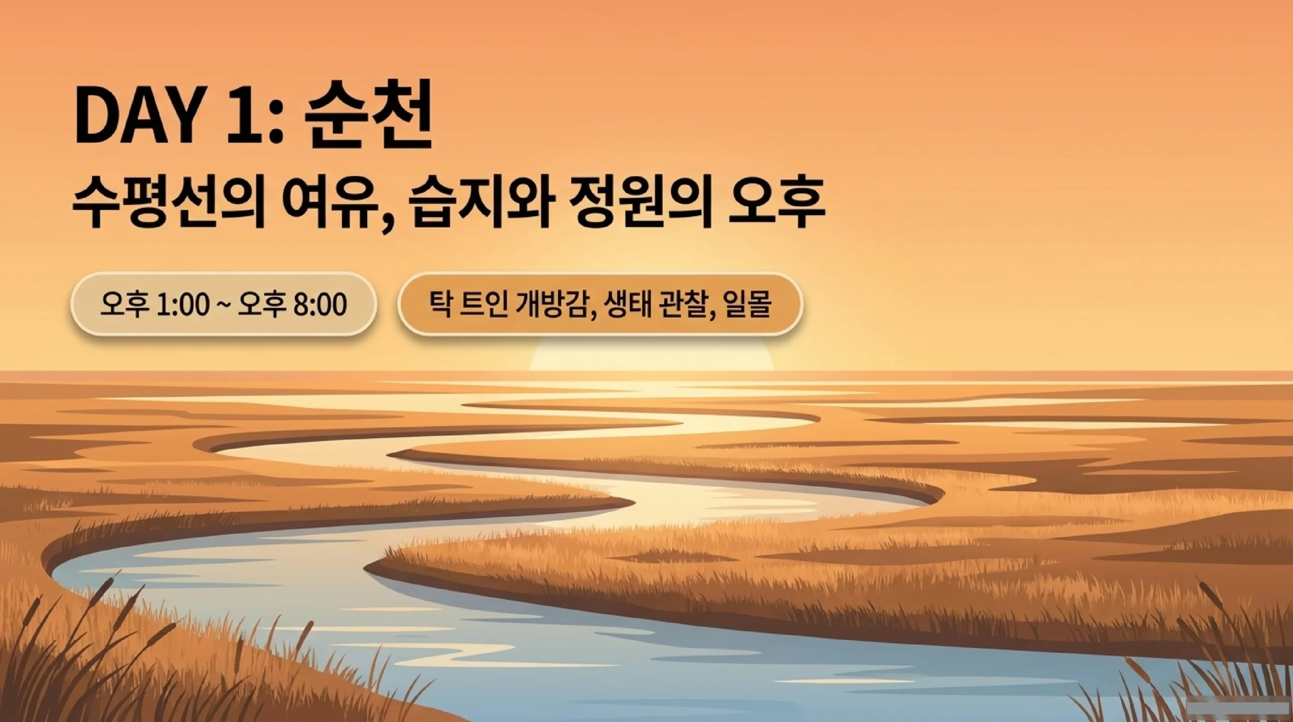 순천만습지 갈대밭과 데크 산책로, 노을 감상 포인트