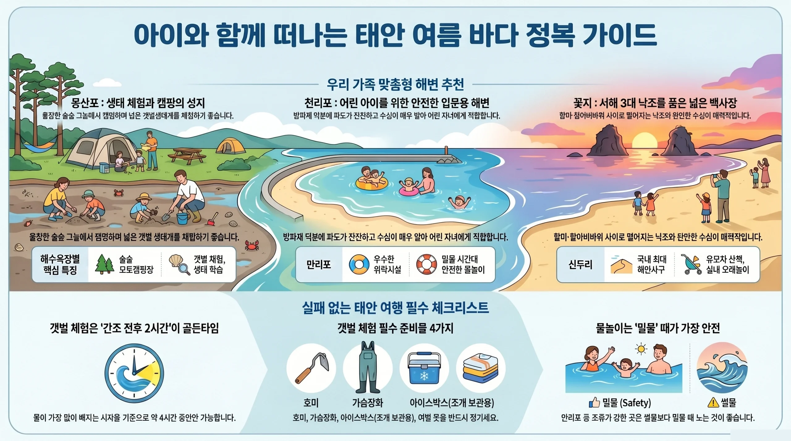 태안 서해 해수욕장 가족 여행 코스 한눈에 보기 인포그래픽 - 몽산포 꽃지 만리포 천리포