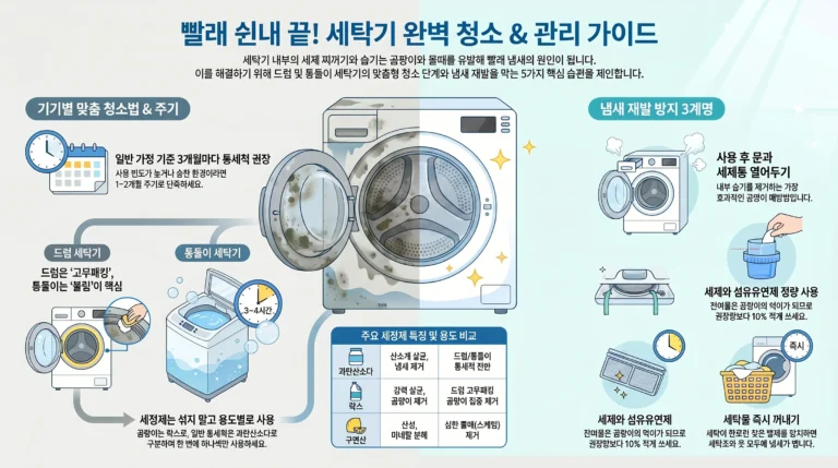 세탁기 셀프 청소법 — 드럼·통돌이 냄새·찌꺼기·곰팡이 완전 제거 가이드