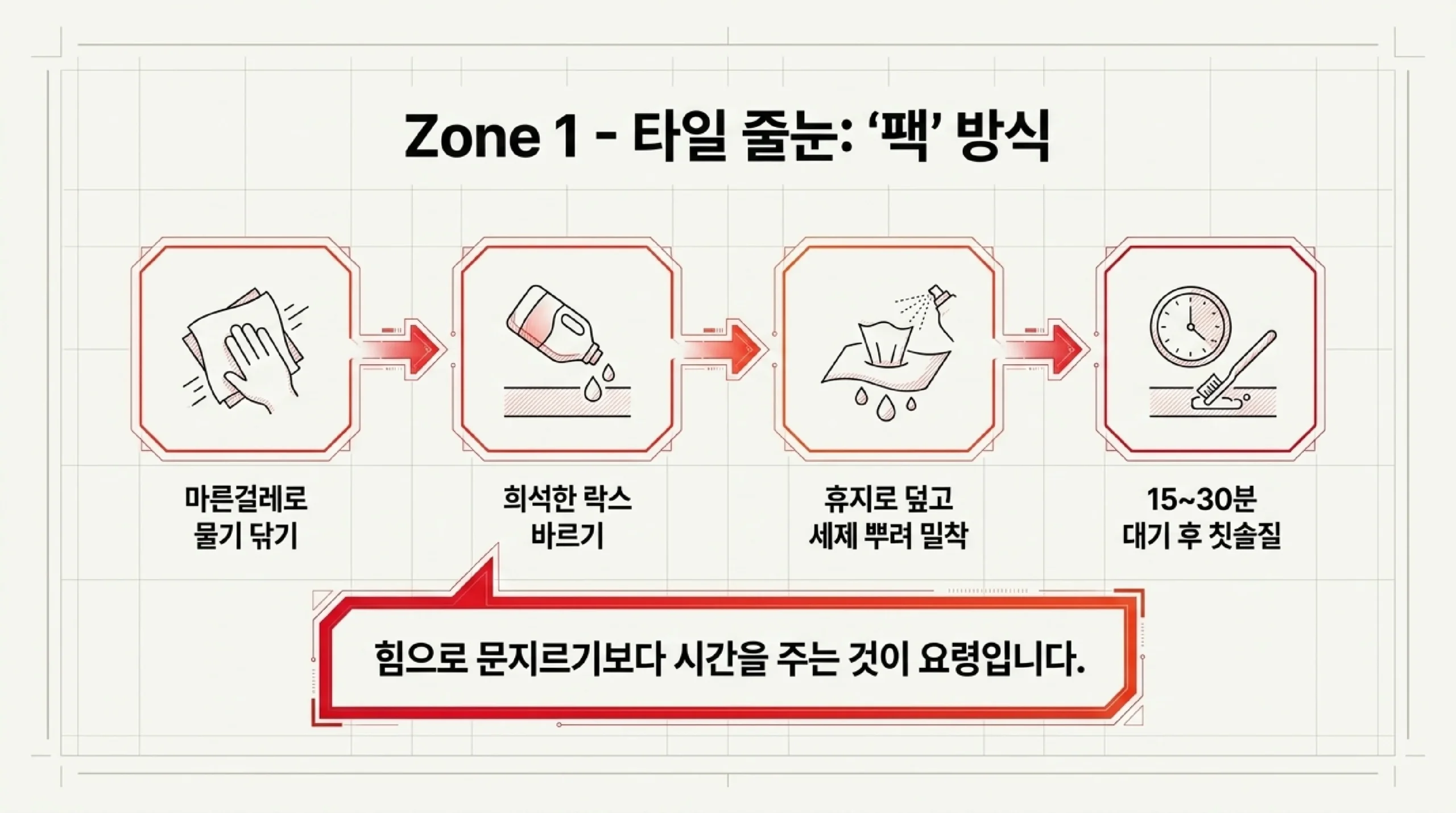 타일 줄눈 곰팡이 제거 — 물기 제거 후 락스 바르고 화장지 덮는 팩 방식 15분에서 30분 방치 후 칫솔 헹굼
