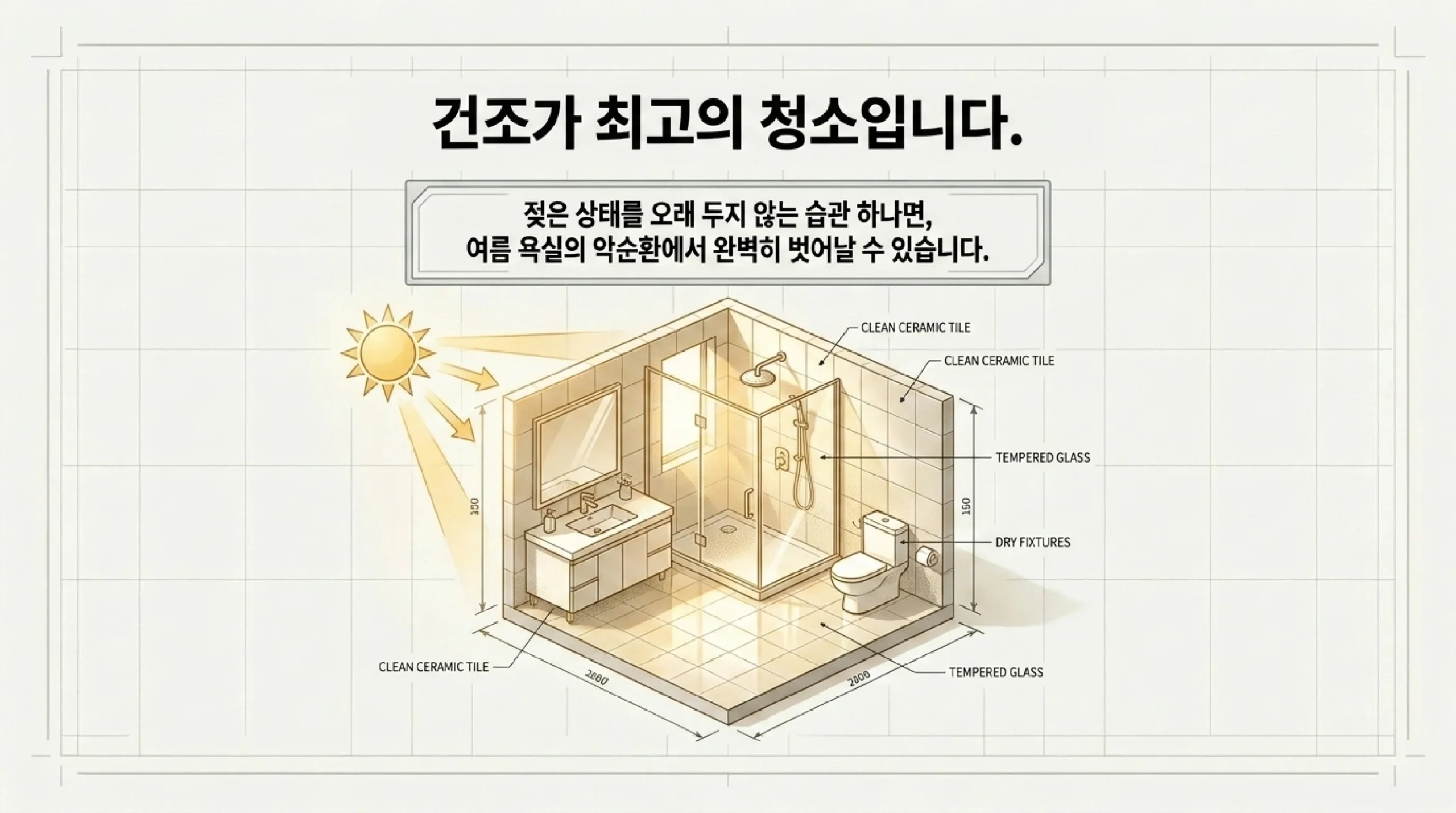 곰팡이 재발 방지 습관 — 샤워 후 스퀴지로 물기 밀기 환풍기 30분 이상 가동 젖은 수건 밖에서 말리기 건조 유지