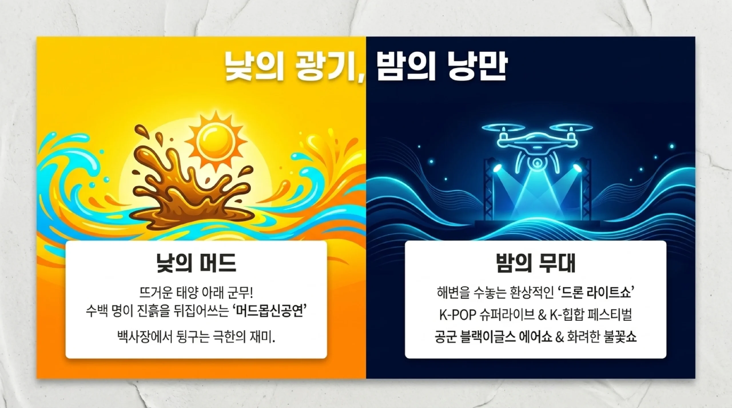 보령머드축제 야간 공연 K-POP 슈퍼라이브와 드론 라이트쇼 프로그램 슬라이드
