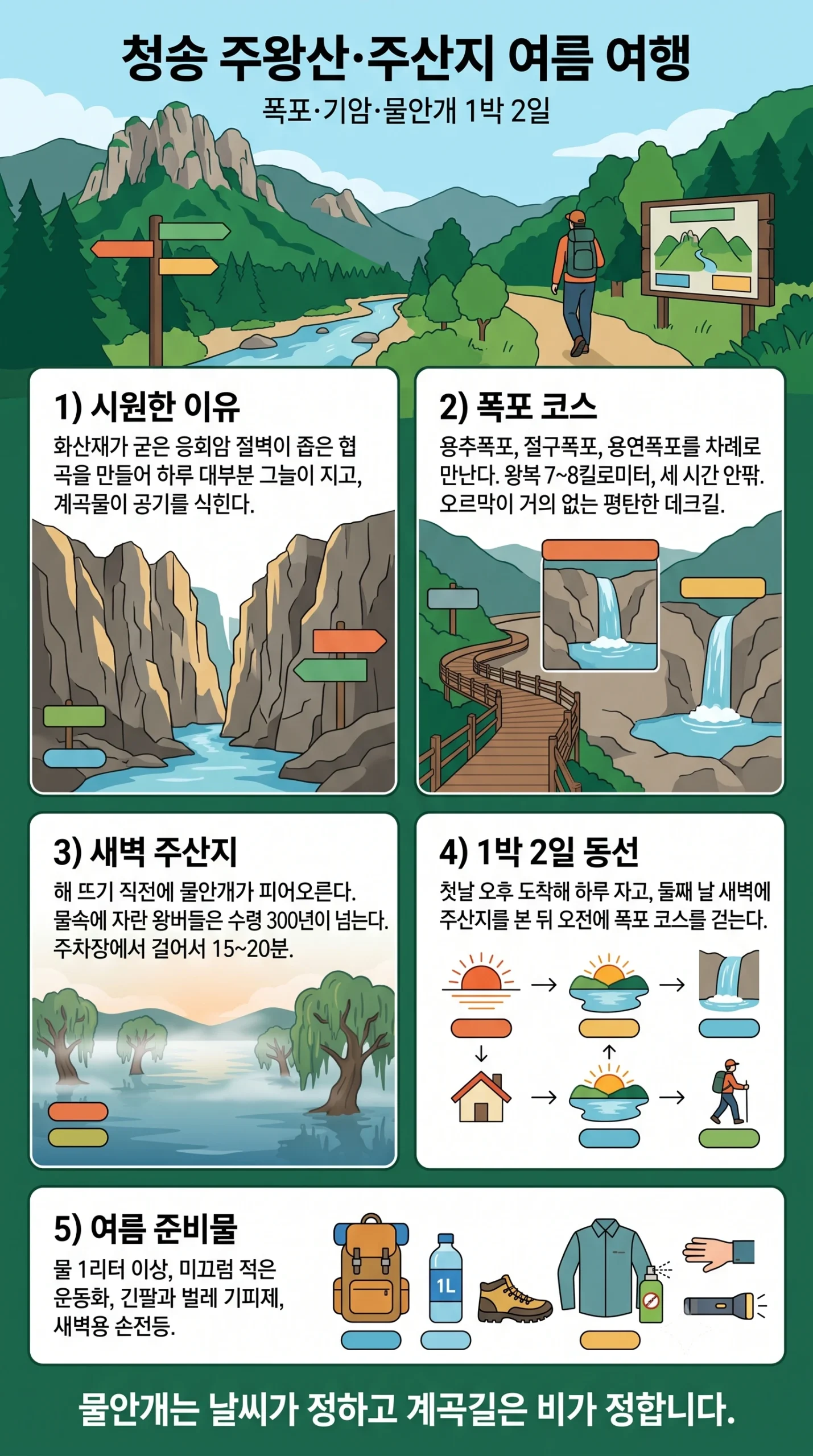 청송 주왕산 주산지 여름 여행 한눈에 보기 — 응회암 절벽 협곡 그늘 폭포 세 개 코스 왕복 7~8킬로미터 새벽 주산지 물안개 왕버들 1박 2일 동선 여름 준비물 인포그래픽
