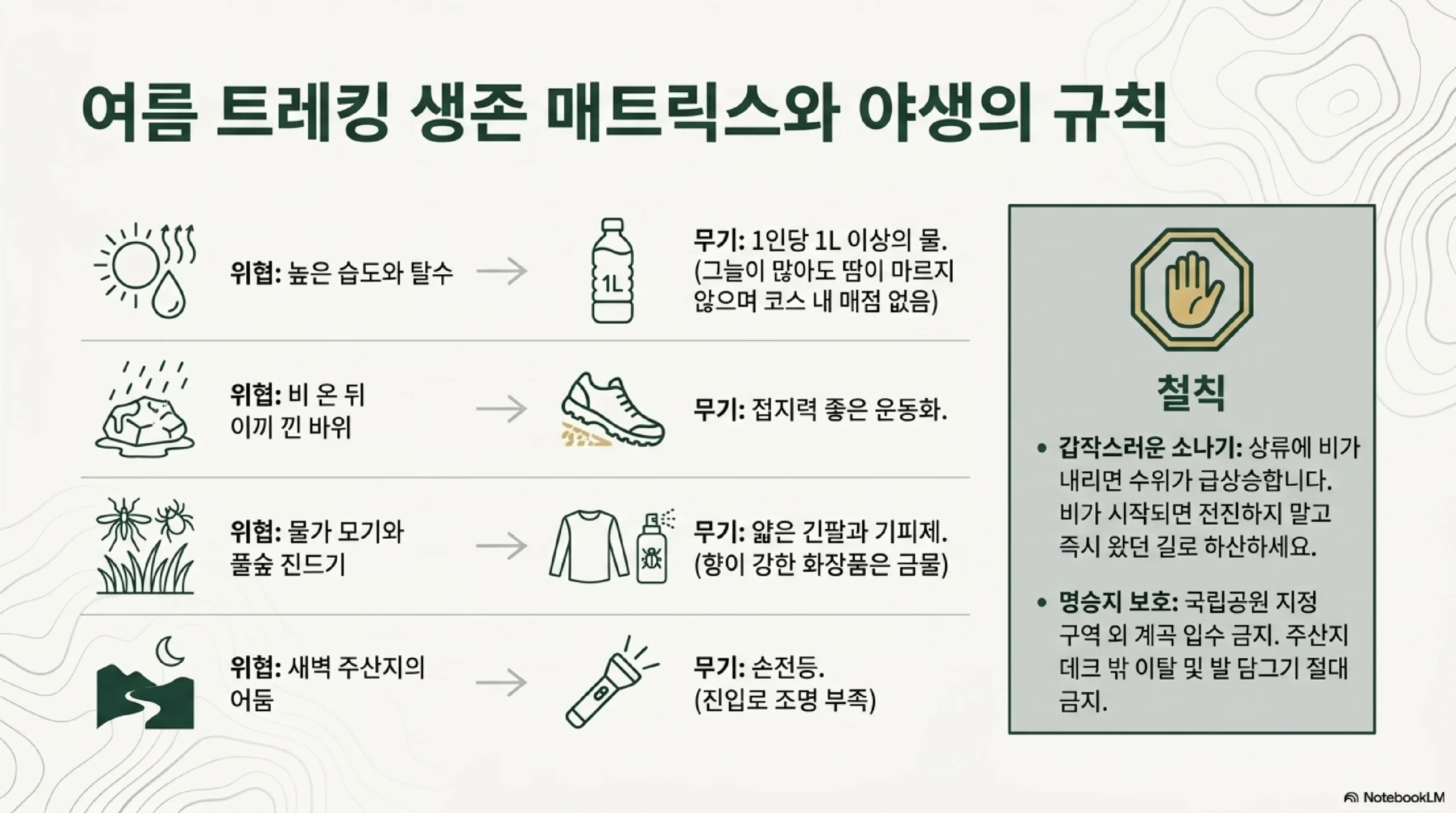 여름 트레킹 준비물과 안전 — 물 1리터 이상 접지력 좋은 운동화 얇은 긴팔과 기피제 손전등 소나기 시 즉시 하산 계곡 입수 금지
