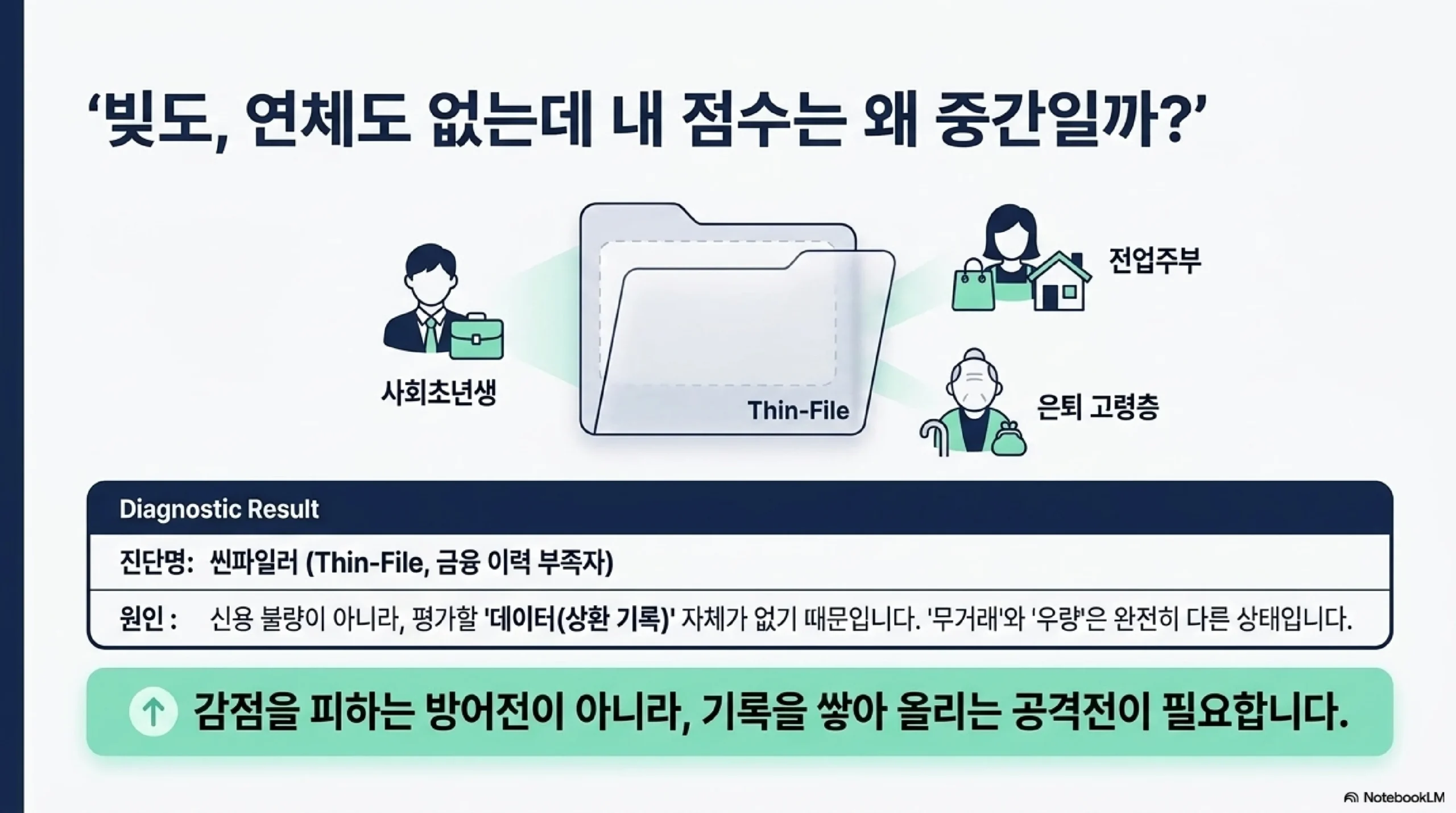 빚도 연체도 없는데 점수가 중간인 이유 — 씬파일러 금융 이력 부족자 사회초년생 전업주부 은퇴 고령층 신용 불량이 아니라 평가할 상환 기록이 없는 것 무거래와 우량은 다른 상태