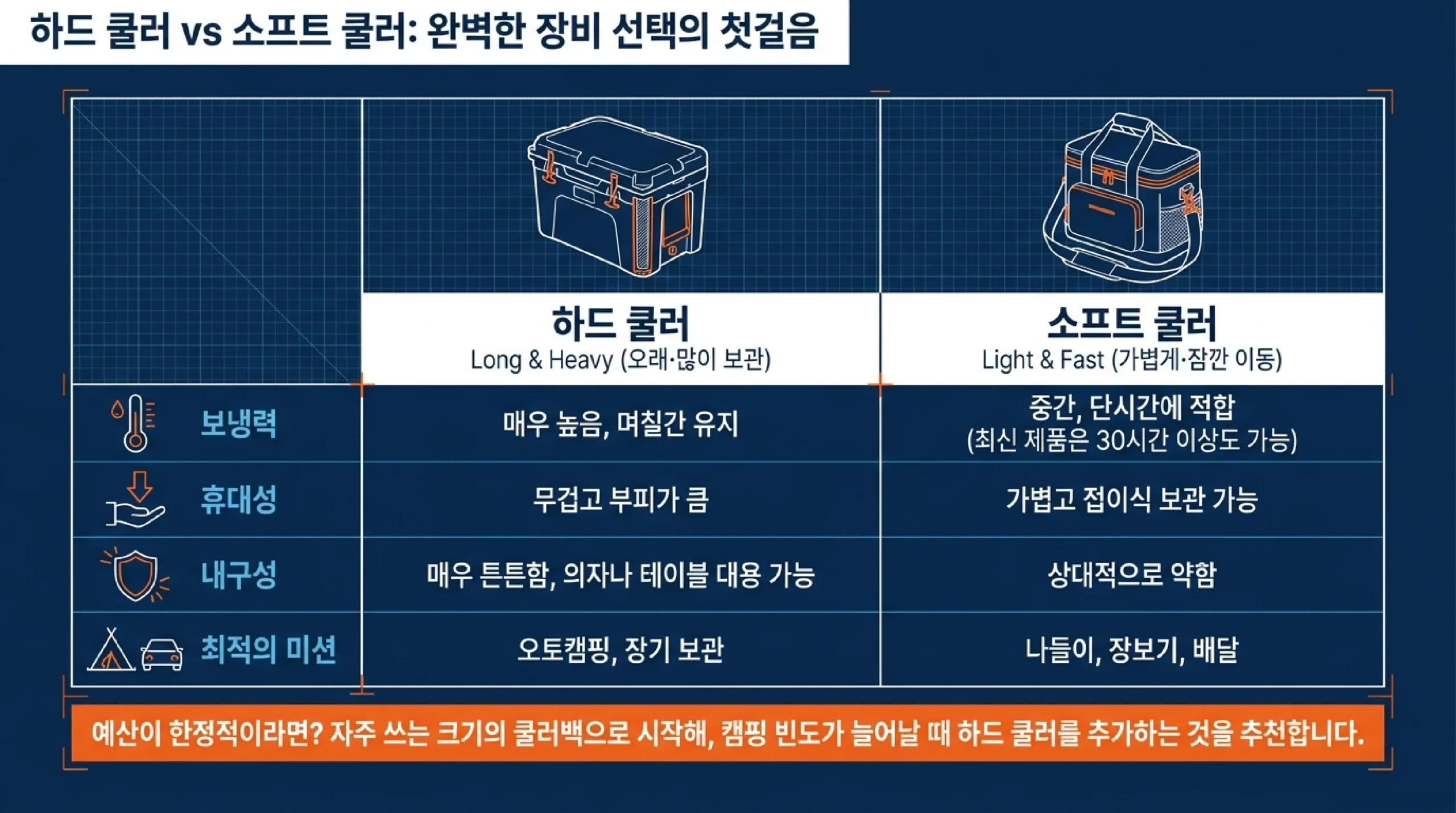 아이스박스와 쿨러백 차이 — 딱딱한 하드 쿨러는 보냉력 높고 튼튼해 캠핑 장기보관 가방형 소프트 쿨러백은 가볍고 접이식 나들이 장보기