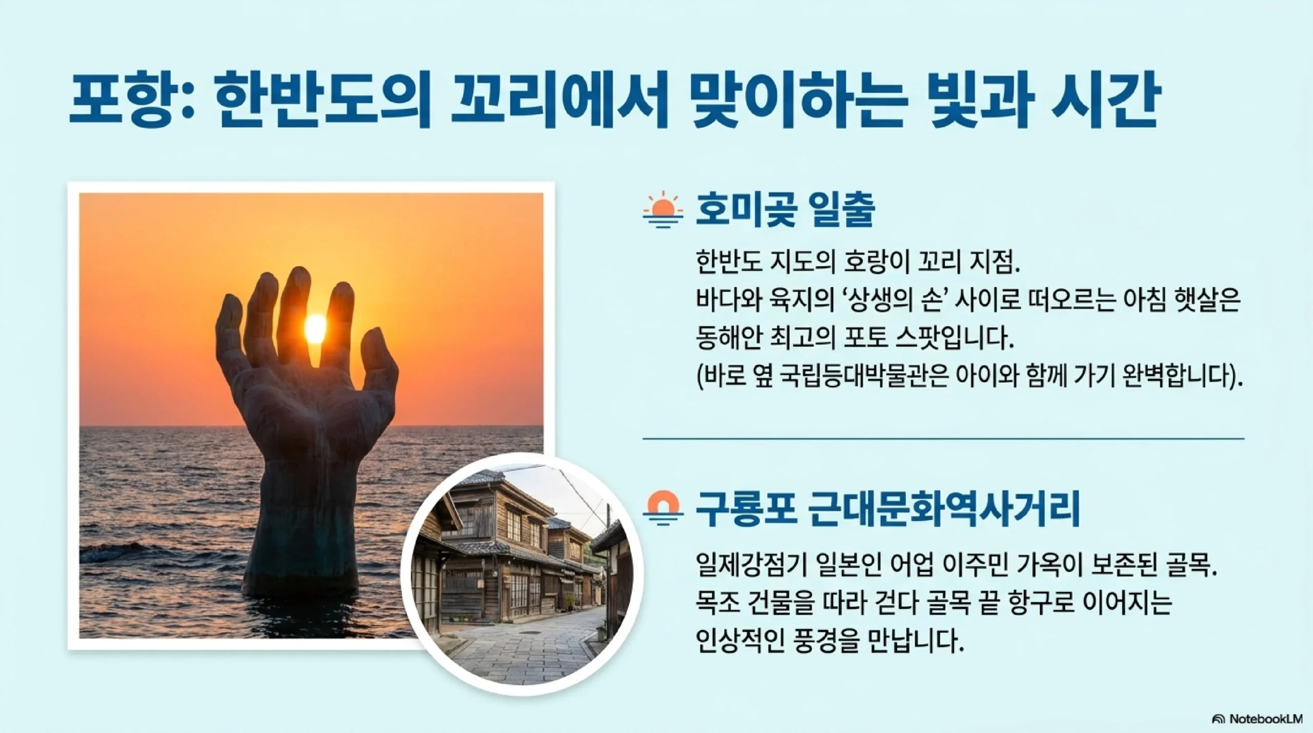 포항 한반도의 꼬리에서 맞이하는 빛과 시간 — 호미곶 일출 상생의 손 사이로 떠오르는 아침 햇살 국립등대박물관 구룡포 근대문화역사거리 일제강점기 목조 가옥 골목