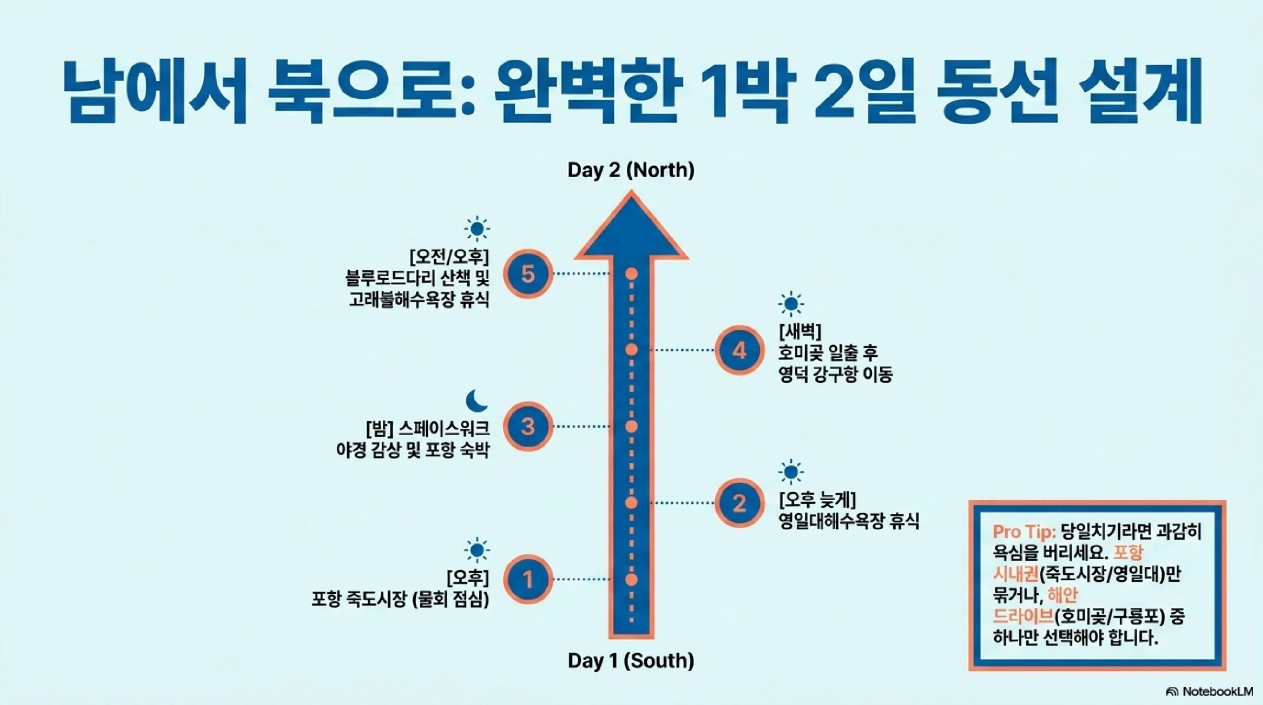 남에서 북으로 1박 2일 동선 — 죽도시장 물회 점심 영일대해수욕장 스페이스워크 야경 포항 숙박 새벽 호미곶 일출 강구항 블루로드다리 고래불해수욕장